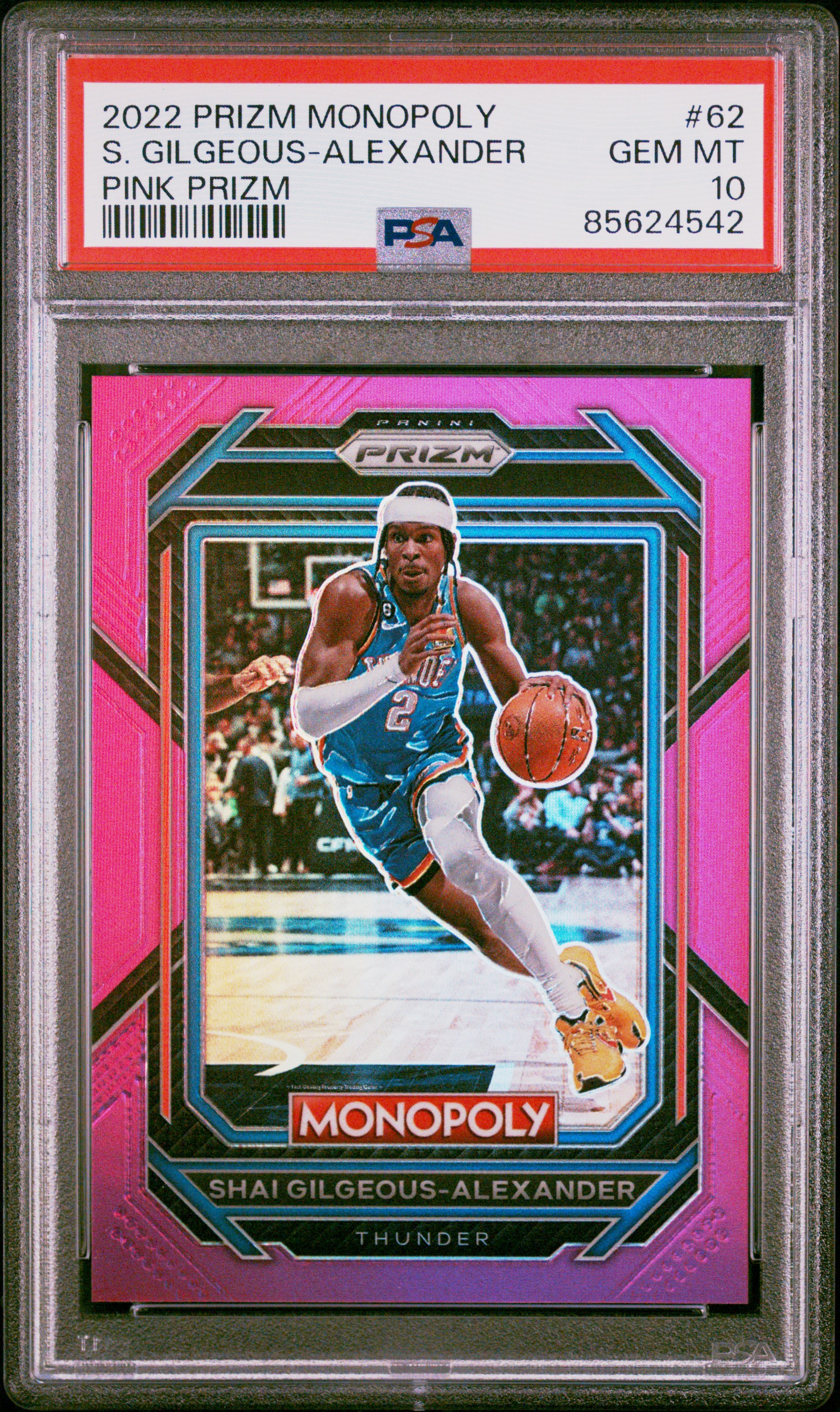 2022-23 Panini Prizm Monopoly Pink Prizm #62 Shai Gilgeous-Alexander (#124/149) – PSA GEM MT 10