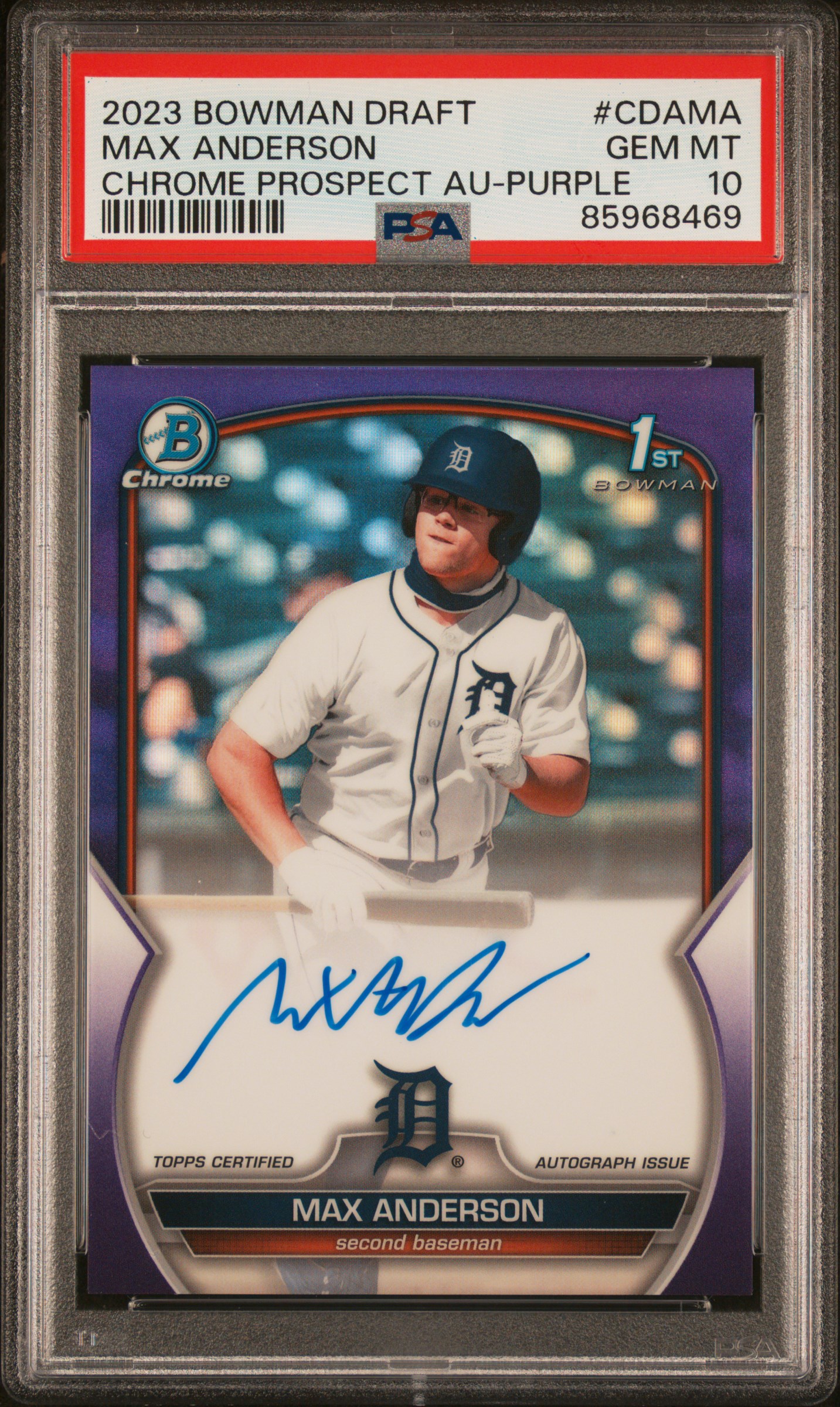 2023 Bowman Draft Chrome Prospect Autograph Purple #CDA-MA Max Anderson Signed Rookie Card (#015/250) – PSA GEM MT 10