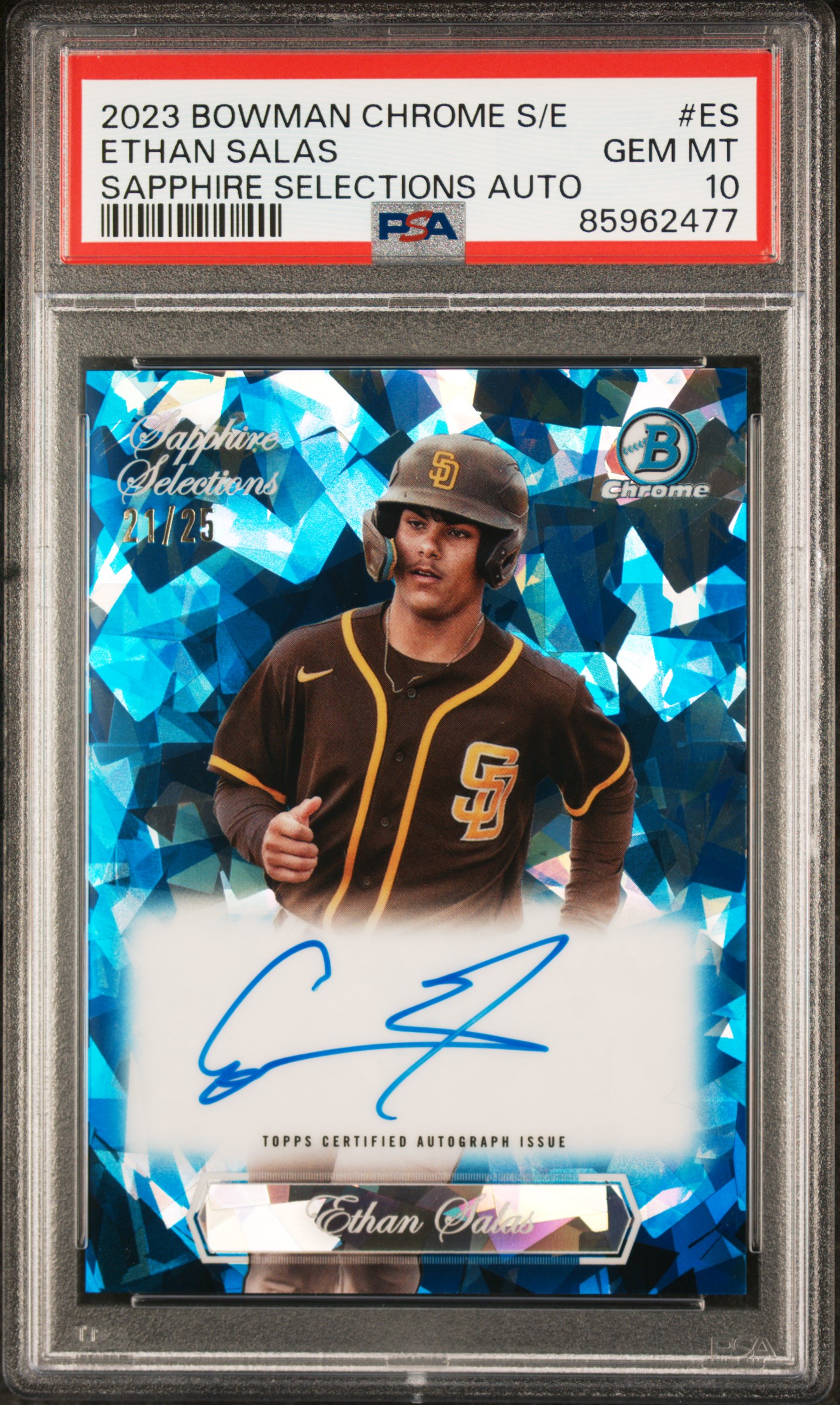 2023 Bowman Chrome Sapphire Edition Sapphire Selections Autograph #ES Ethan Salas Signed Rookie Card (#21/25) – PSA GEM MT 10