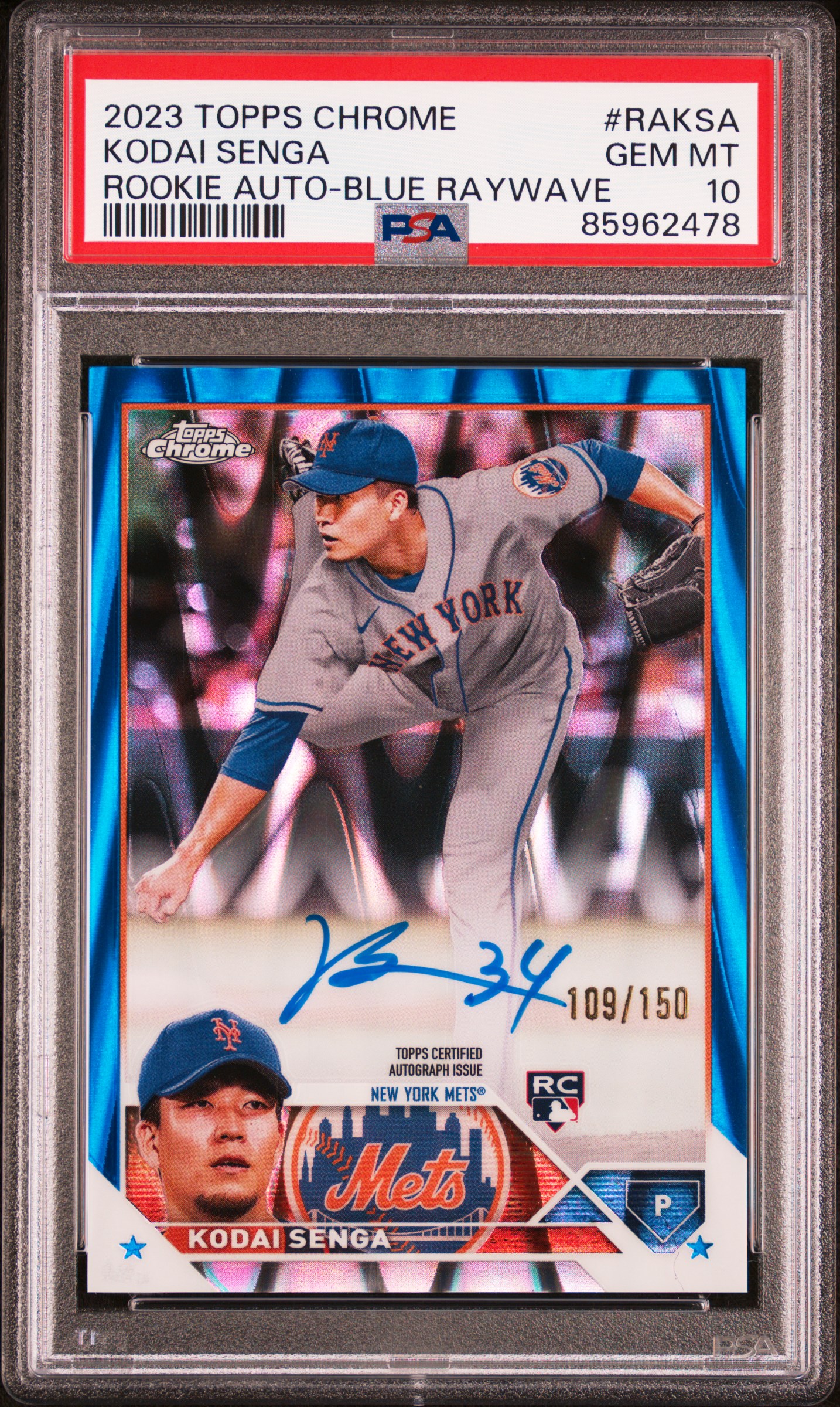 2023 Topps Chrome Rookie Autograph Blue Raywave #RAK-SA Kodai Senga Signed Rookie Card (#109/150) – PSA GEM MT 10