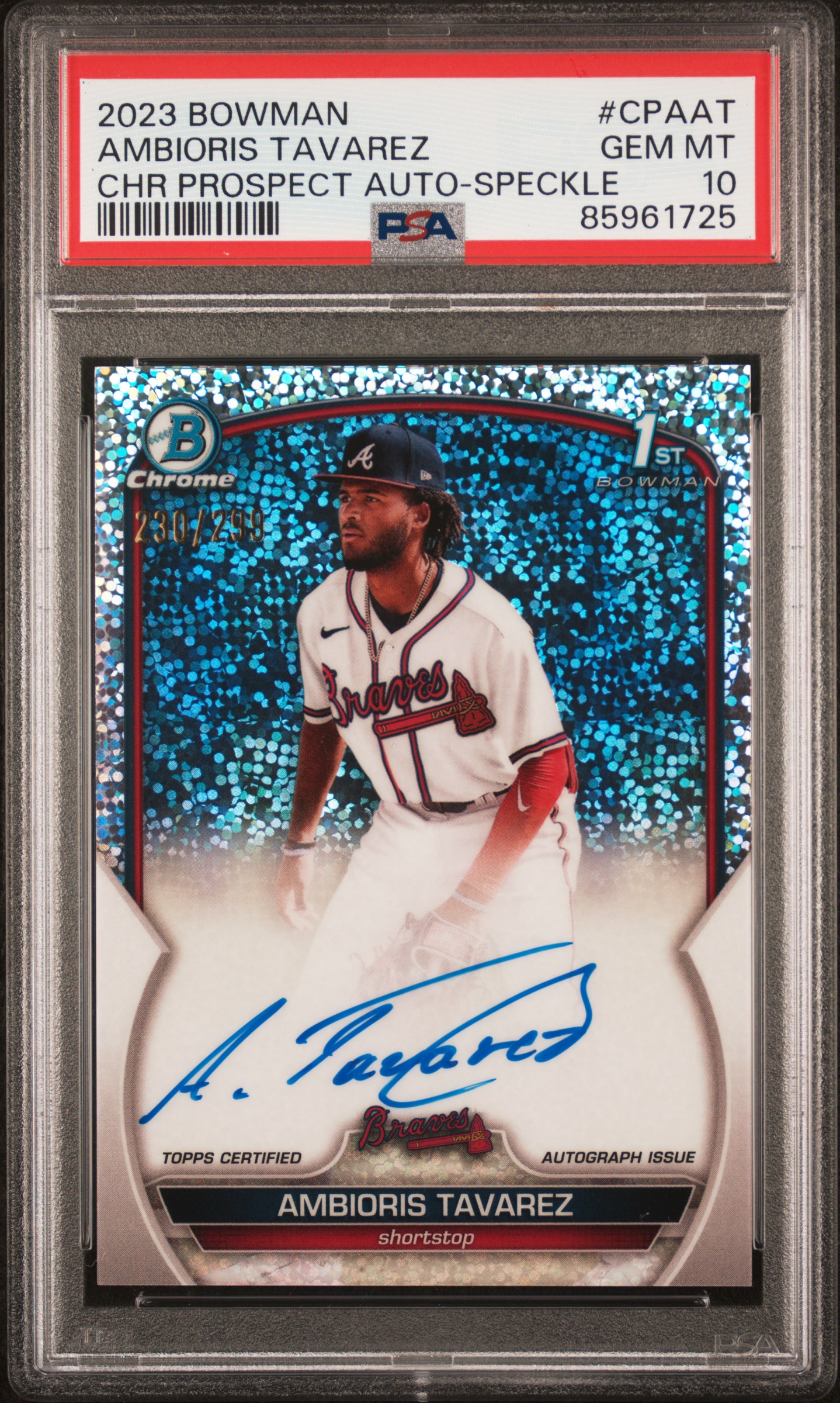 2023 Bowman Chrome Prospect Autographs Speckle #CPAAT Ambioris Tavarez Signed Rookie Card (#230/299) – PSA GEM MT 10