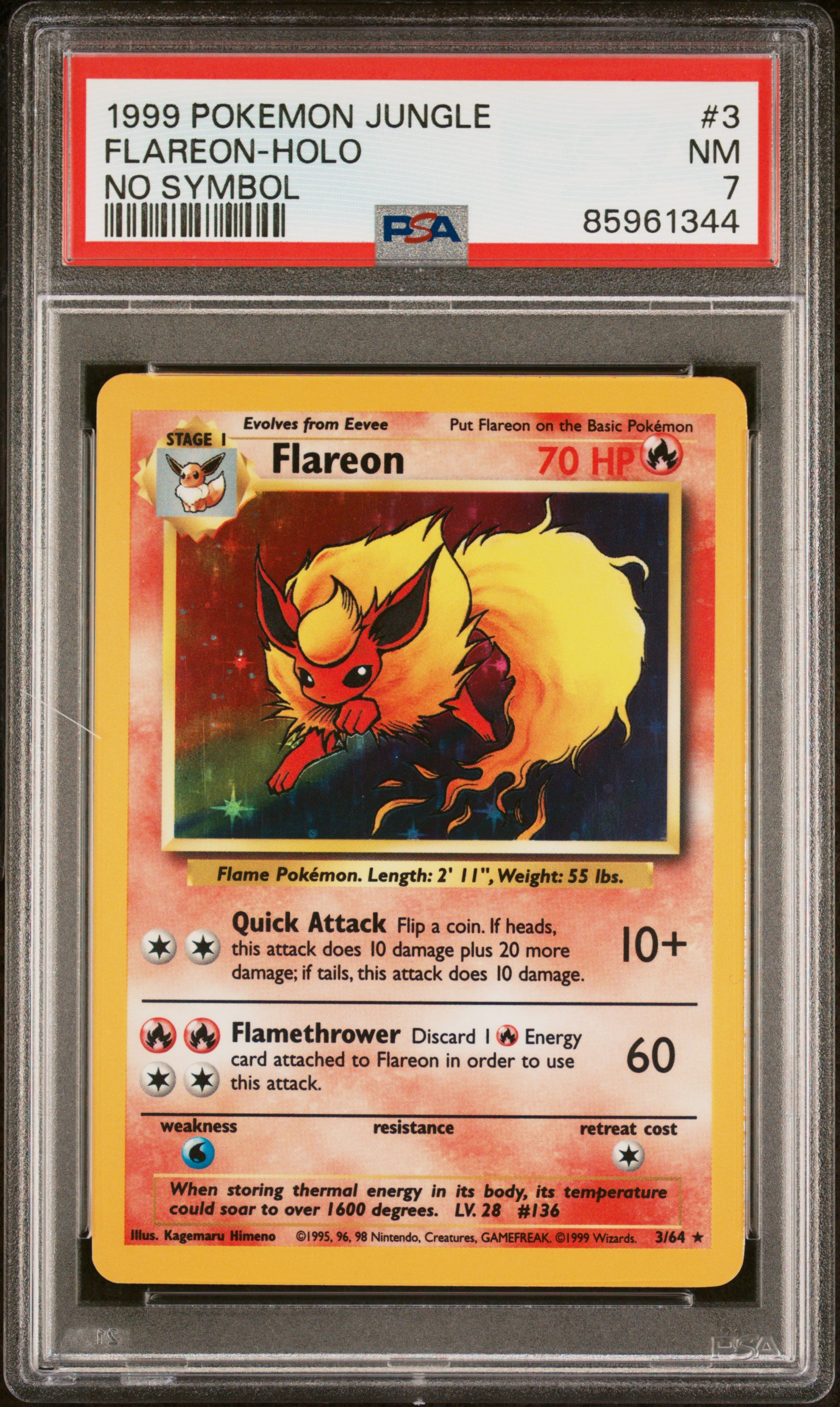 1999 Pokemon Jungle No Symbol #3 Flareon-Holo PSA 7