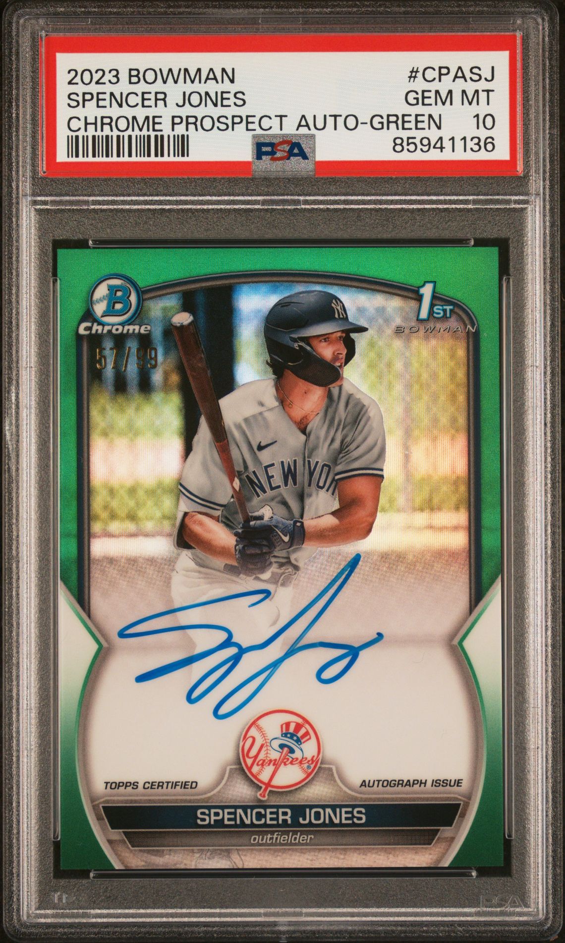 2023 Bowman BOWMAN CHROME PROSPECT AUTOGRAPHS CHR PROSPECT AUTO-GREEN REF #CPASJ Spencer Jones front
