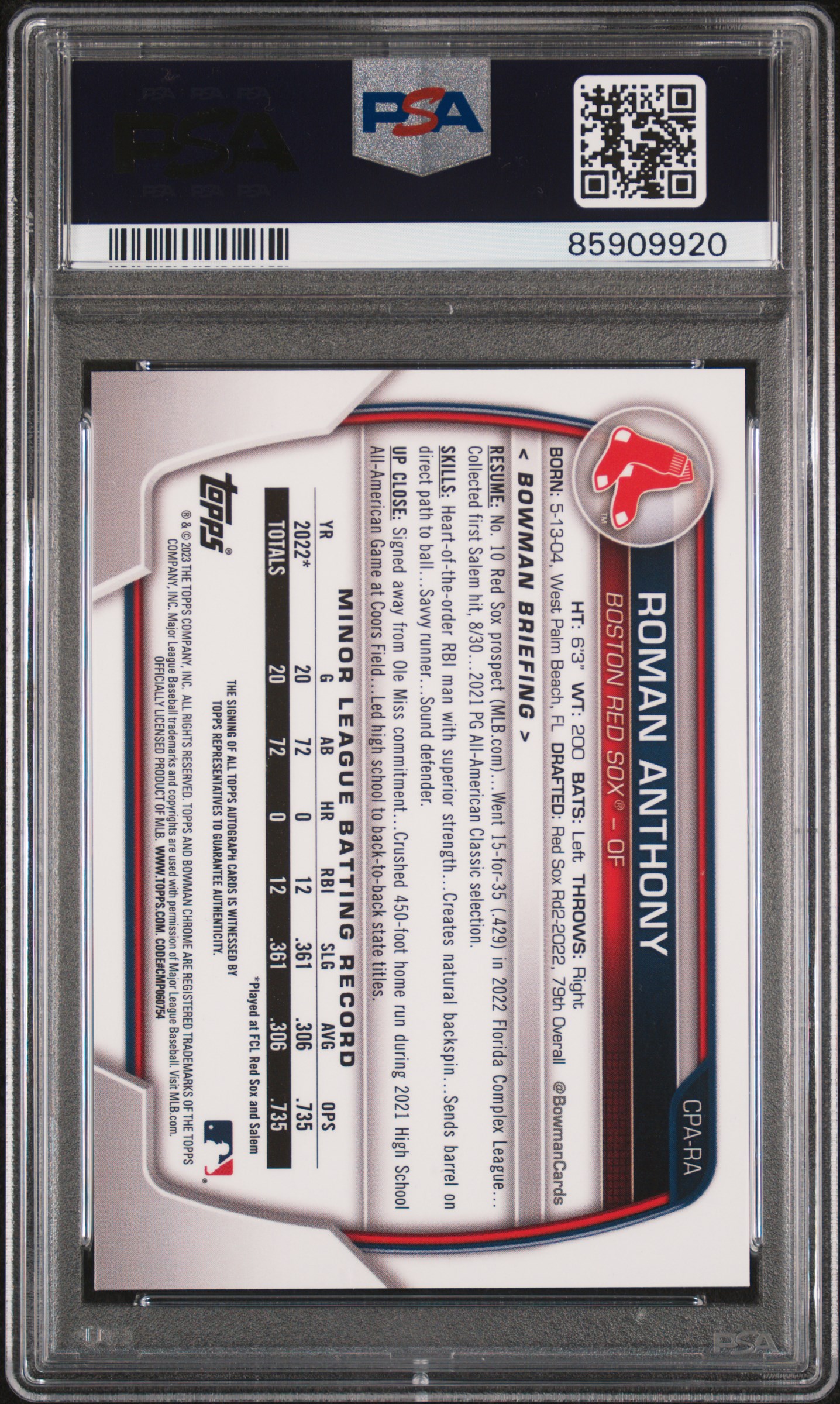 2023 Bowman Chrome Prospect Autographs Roman Anthony #Cpara (Chrome Prospect Auto) Gem Mt 10 back