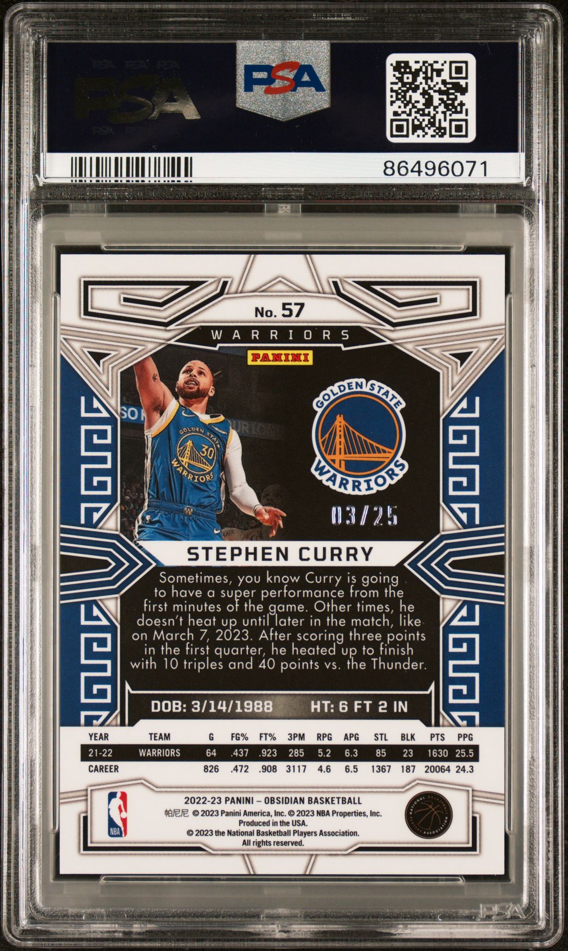 2022 Panini Obsidian Stephen Curry #57 (Electric Etch Green Flood) Gem Mt 10 back