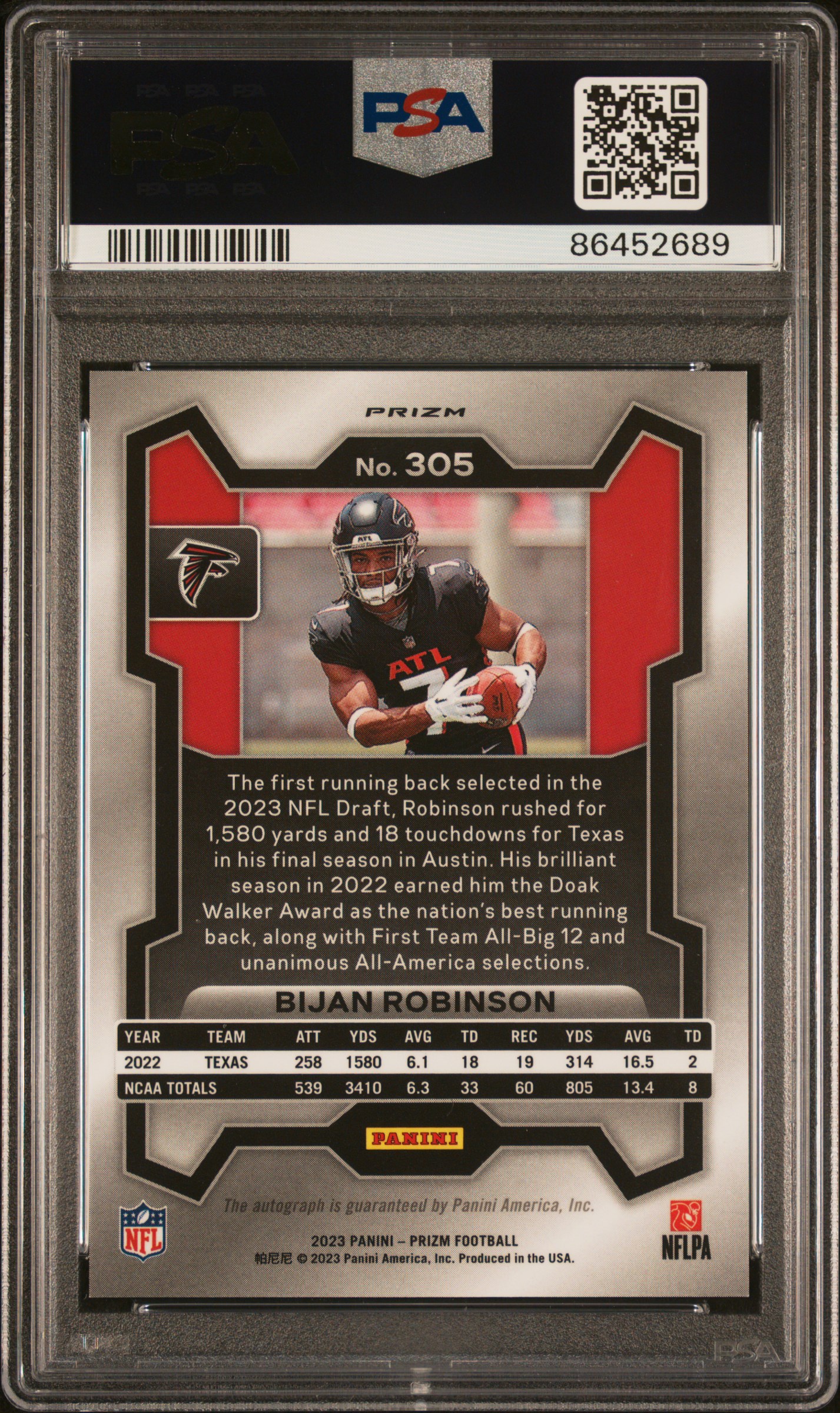 2023 Panini Prizm Bijan Robinson #305 (Autograph) Gem Mt 10 back