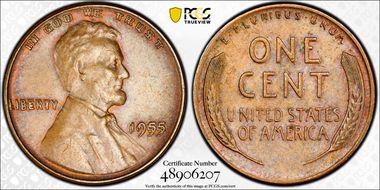 1955 1C Doubled Die Obverse AU58+ BN