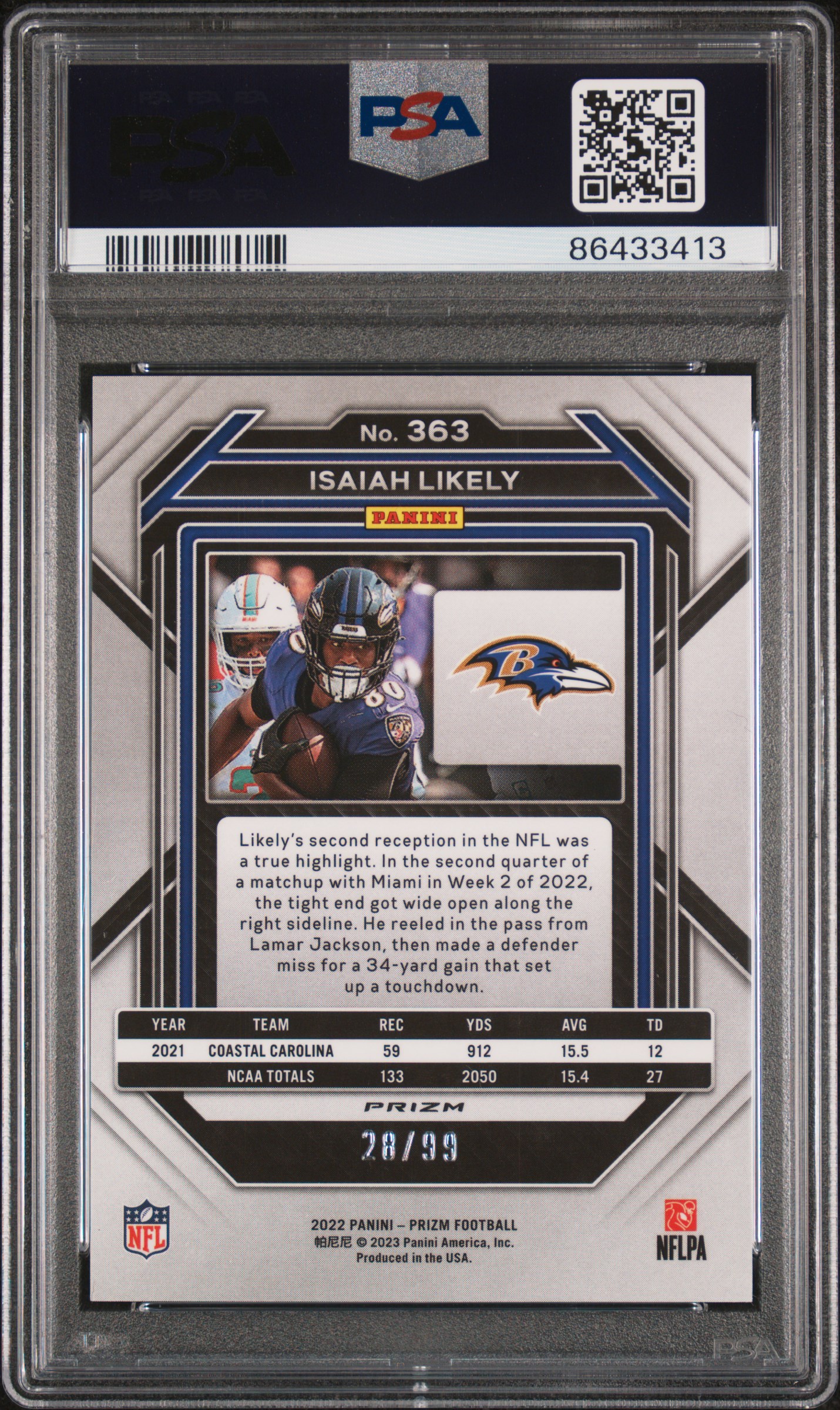 2022 Panini Prizm Isaiah Likely #363 (Blue Ice) Gem Mt 10 back