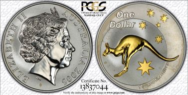 2005 $1 Roo-Au Plated MS69