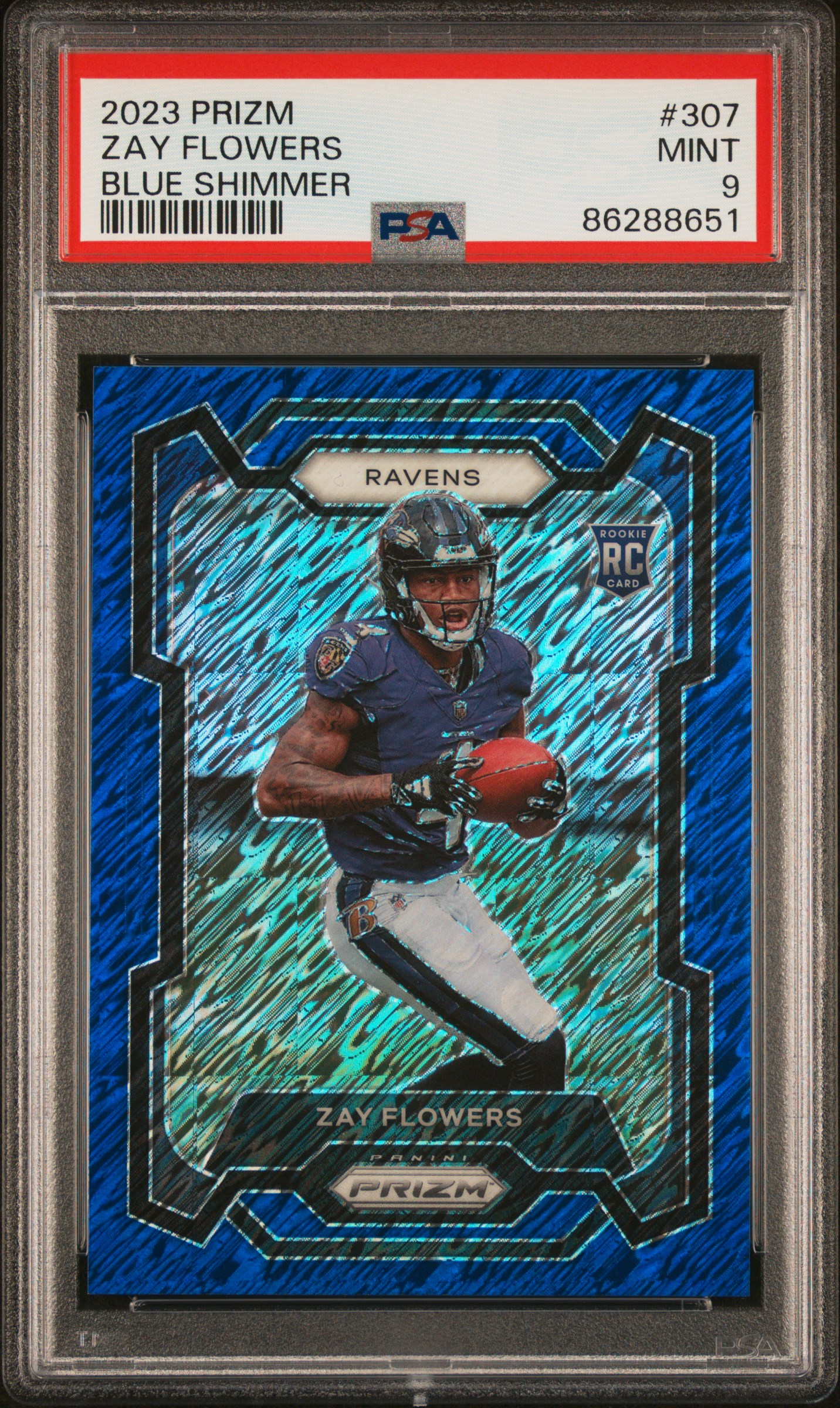 2023 Panini Prizm Blue Shimmer #307 Zay Flowers Rookie Card (#23/25 – PSA MINT 9