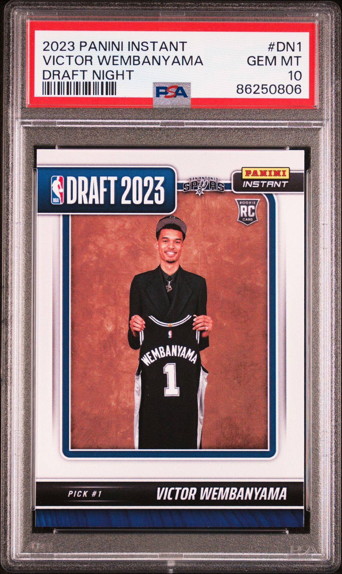 2023 Panini Instant Draft Night Victor Wembanyama #Dn1 Gem Mt 10 front view - PSA graded GEM MT 10