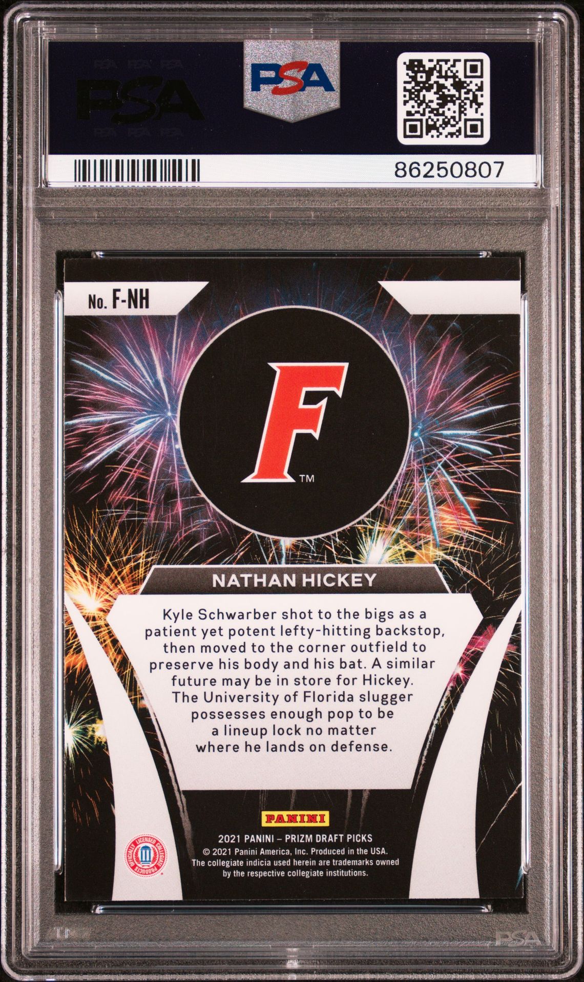 2021 Panini Prizm Draft Picks Fireworks Nathan Hickey #Fnh (Fireworks) Gem Mt 10 back view - PSA certificate #86250807
