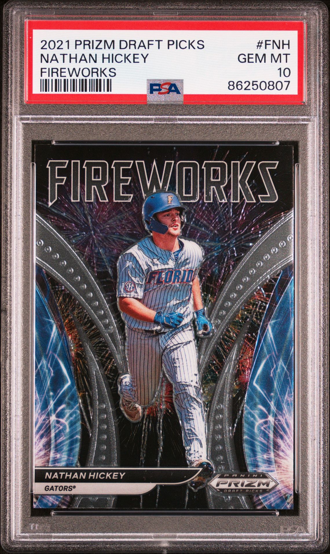 2021 Panini Prizm Draft Picks Fireworks Nathan Hickey #Fnh (Fireworks) Gem Mt 10 front view - PSA graded GEM MT 10