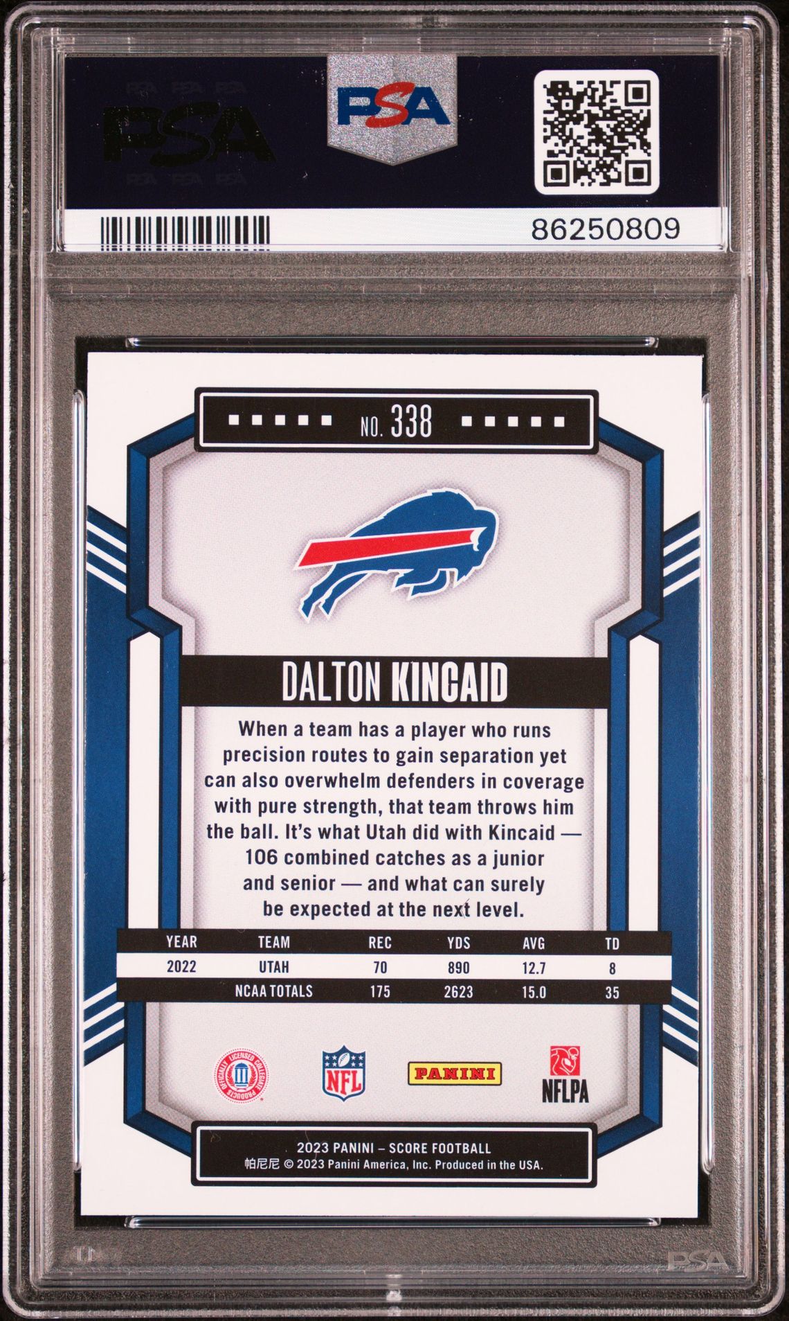 2023 Panini Score Dalton Kincaid #338 Gem Mt 10 back view - PSA certificate #86250809