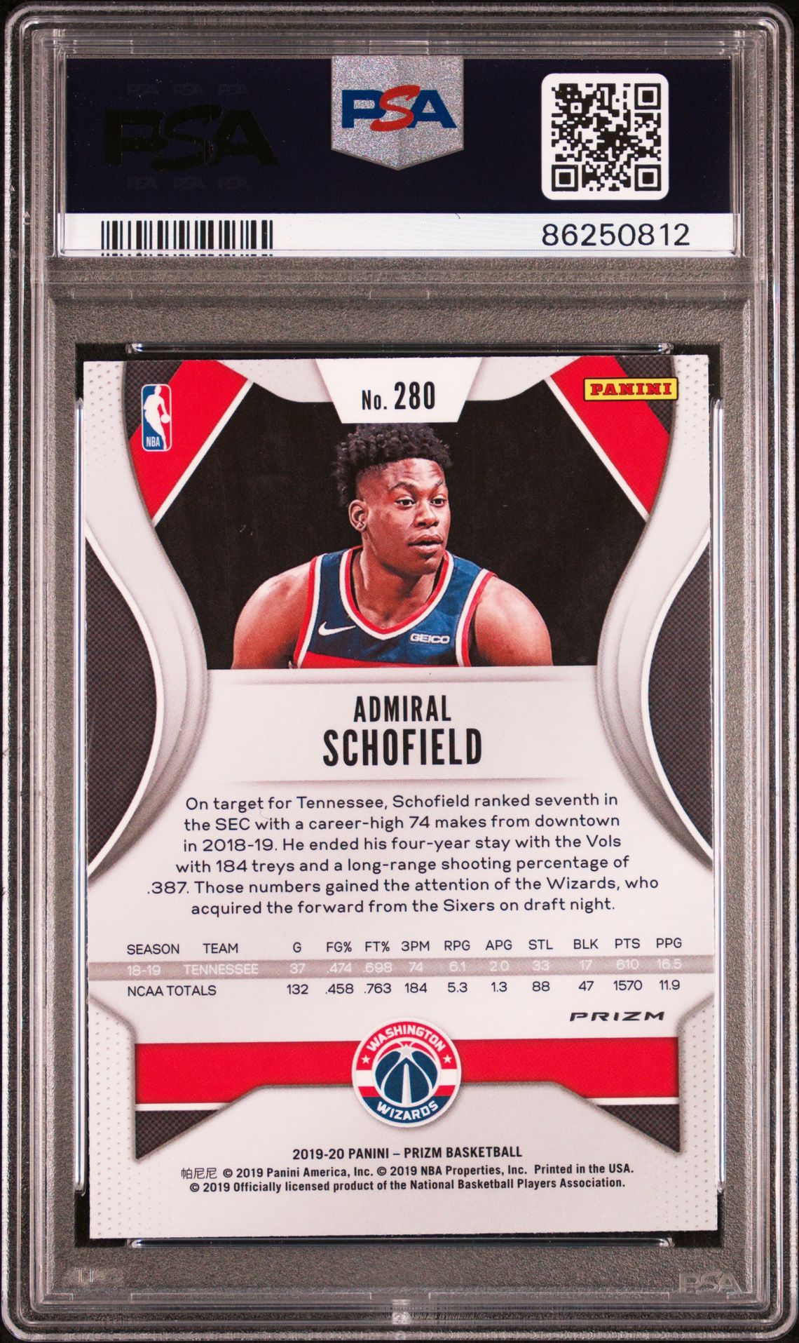 2019 Panini Prizm Admiral Schofield #280 (Silver Prizm) Gem Mt 10 back view - PSA certificate #86250812