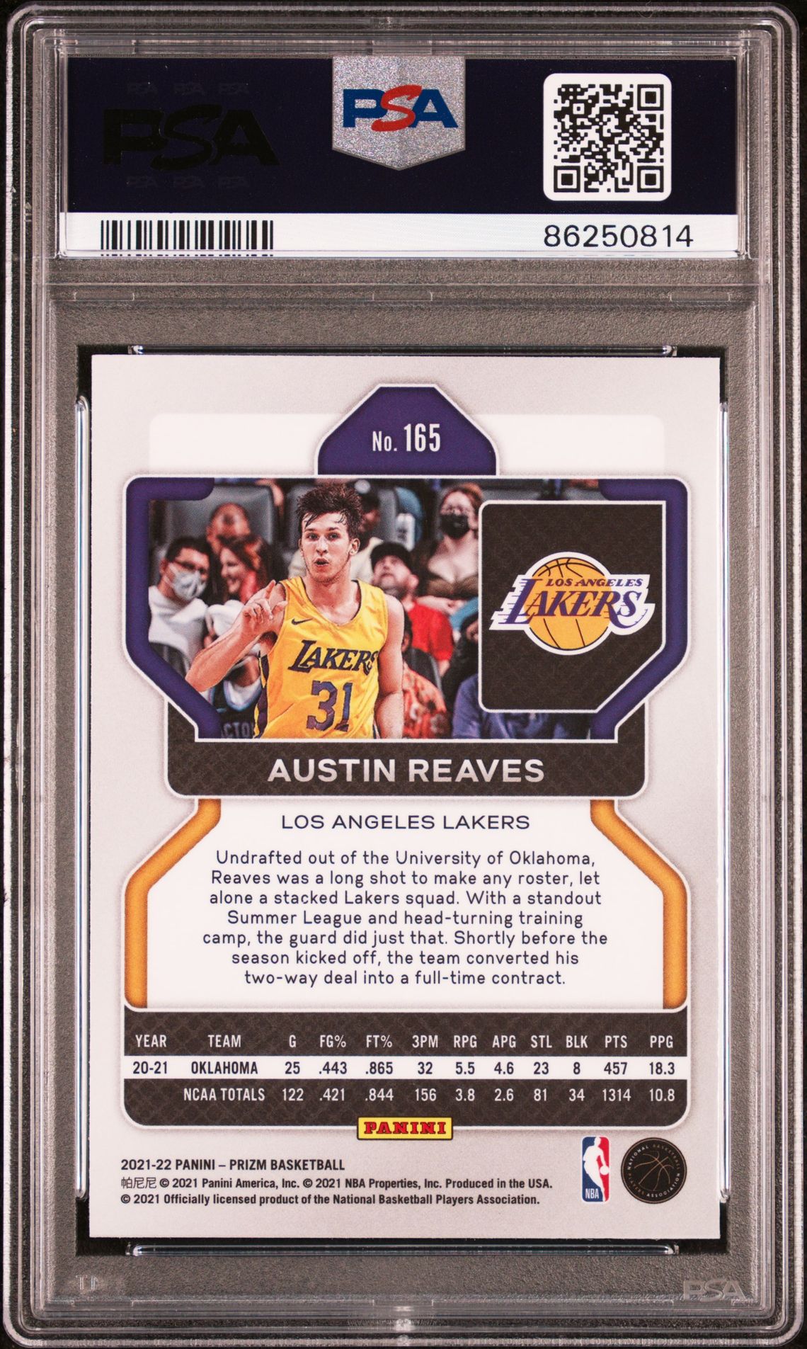 2021 Panini Prizm Austin Reaves #165 Gem Mt 10 back view - PSA certificate #86250814