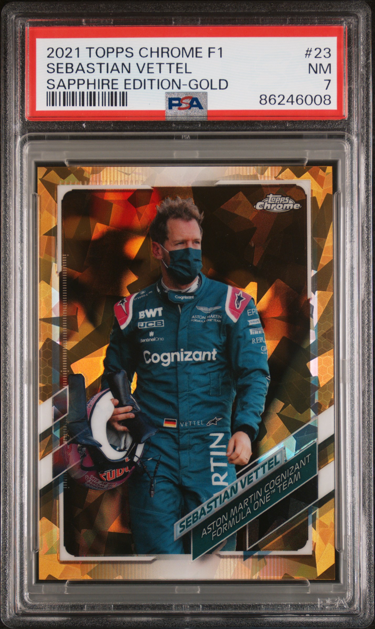 2021 Topps Chrome Formula 1 Sapphire Edition Gold #23 Sebastian Vettel (#10/50) – PSA NM 7