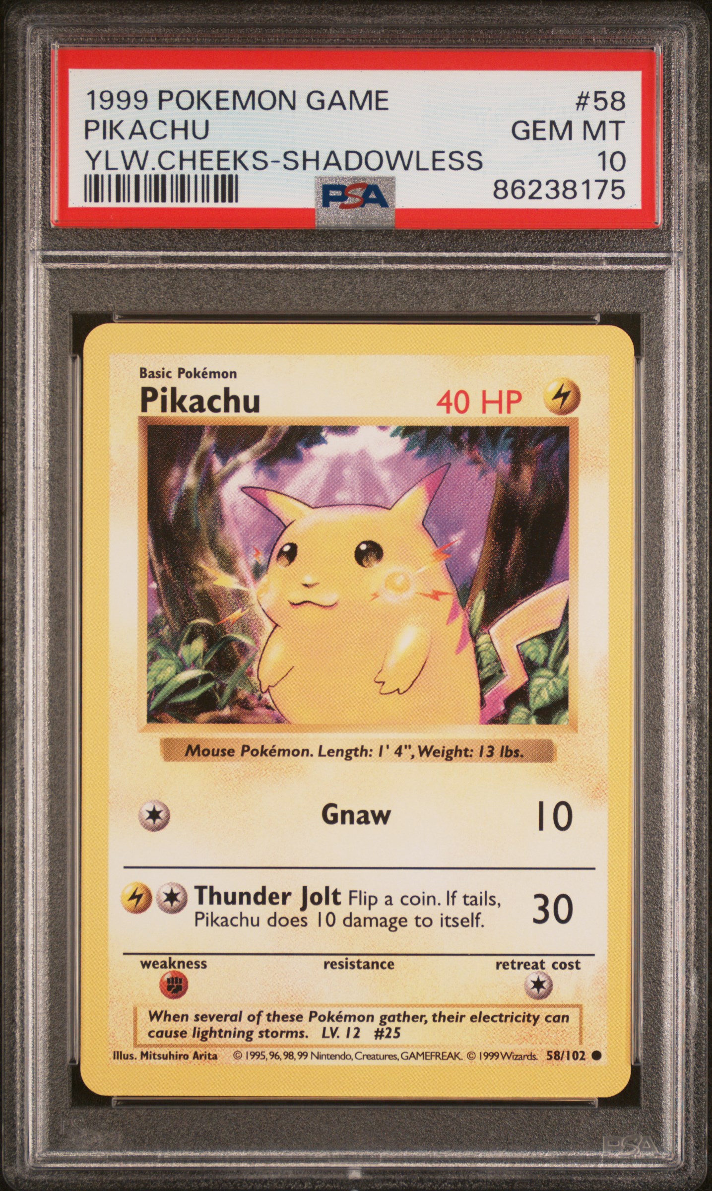 1999 Pokemon Game Yellow Cheeks-Shadowless 58 Pikachu – PSA GEM MT 10