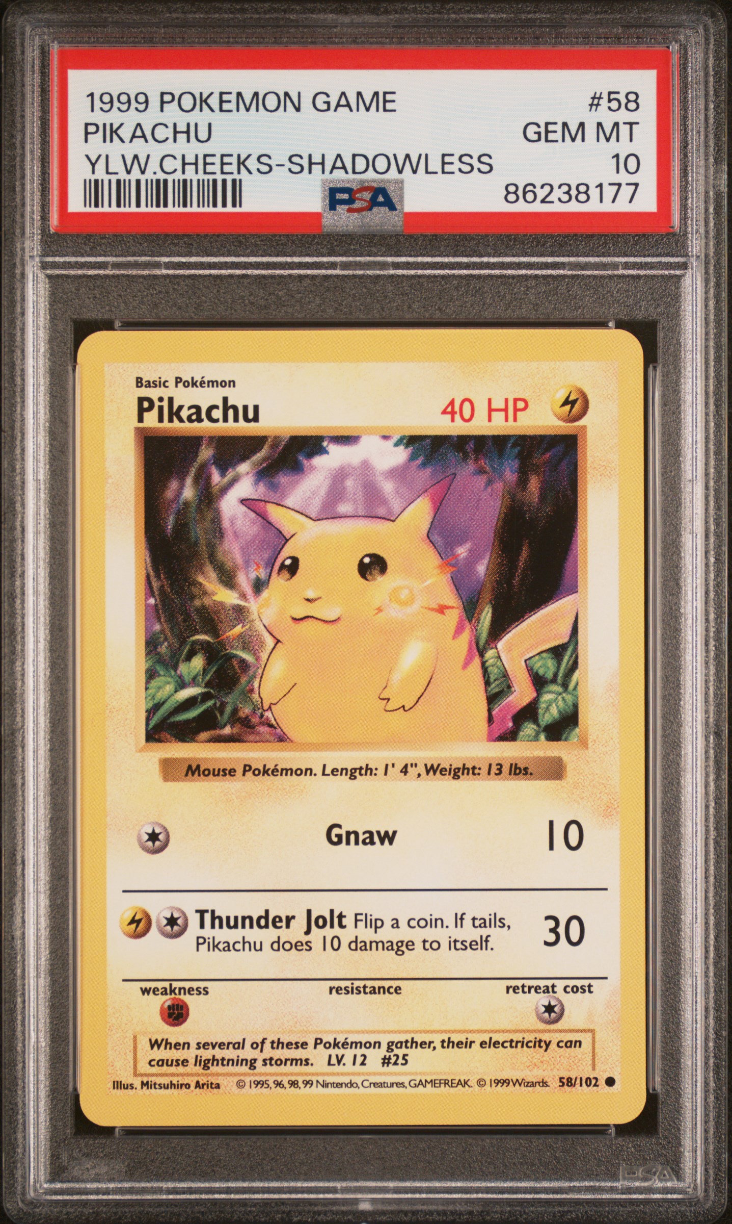 1999 Pokemon Game Yellow Cheeks-Shadowless #58 Pikachu – PSA GEM MT 10
