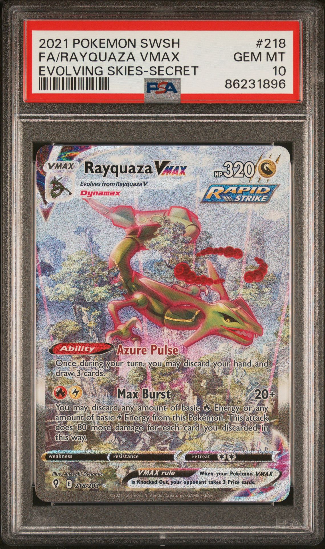 2021 Pokemon Sword & Shield Evolving Skies Fa/Rayquaza Vmax #218 (Evolving Skies-Secret) Gem Mt 10 front