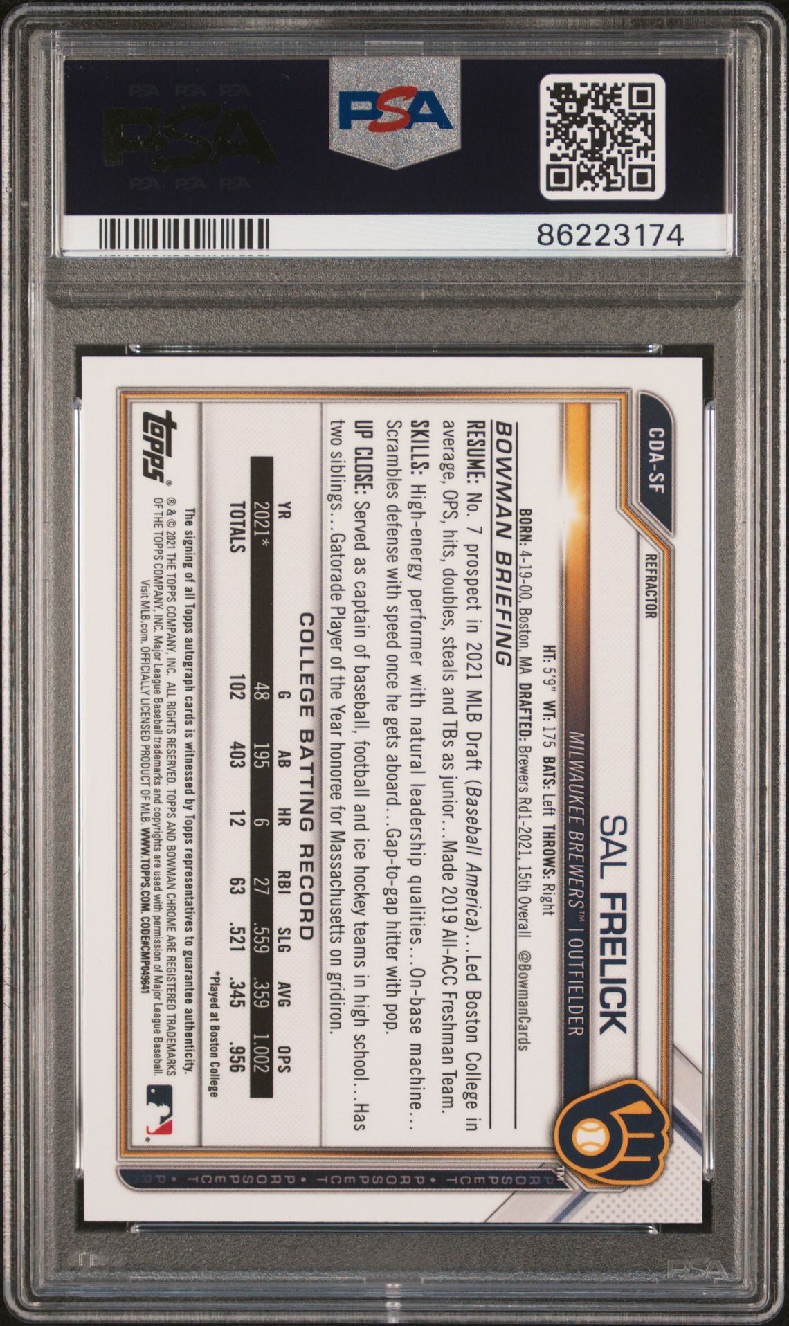 2021 Bowman Draft Chrome Draft Pick Autographs Sal Frelick #Cdasf (Chrome Dp Auto-Refractor) Mint 9 back