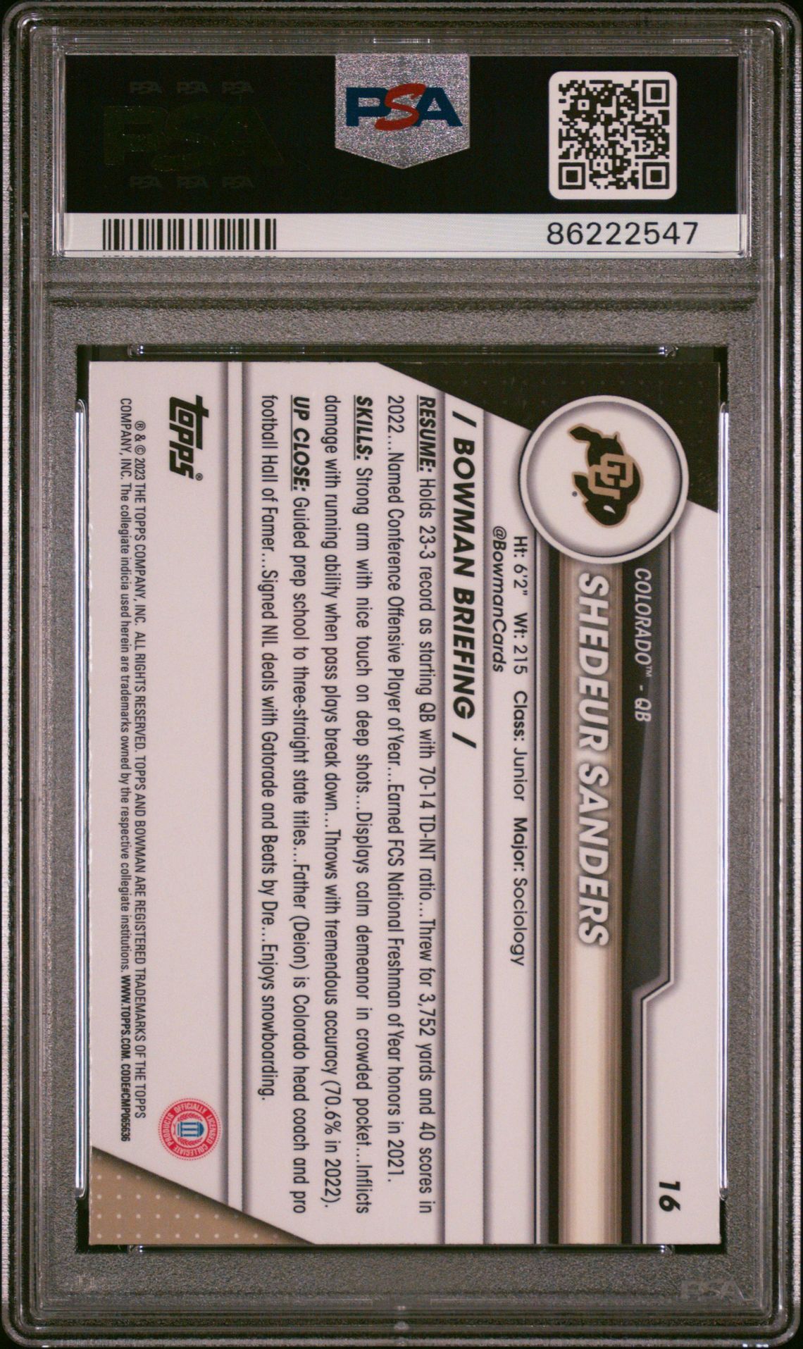 2023 Bowman University Chrome Shedeur Sanders #16 Gem Mt 10 back