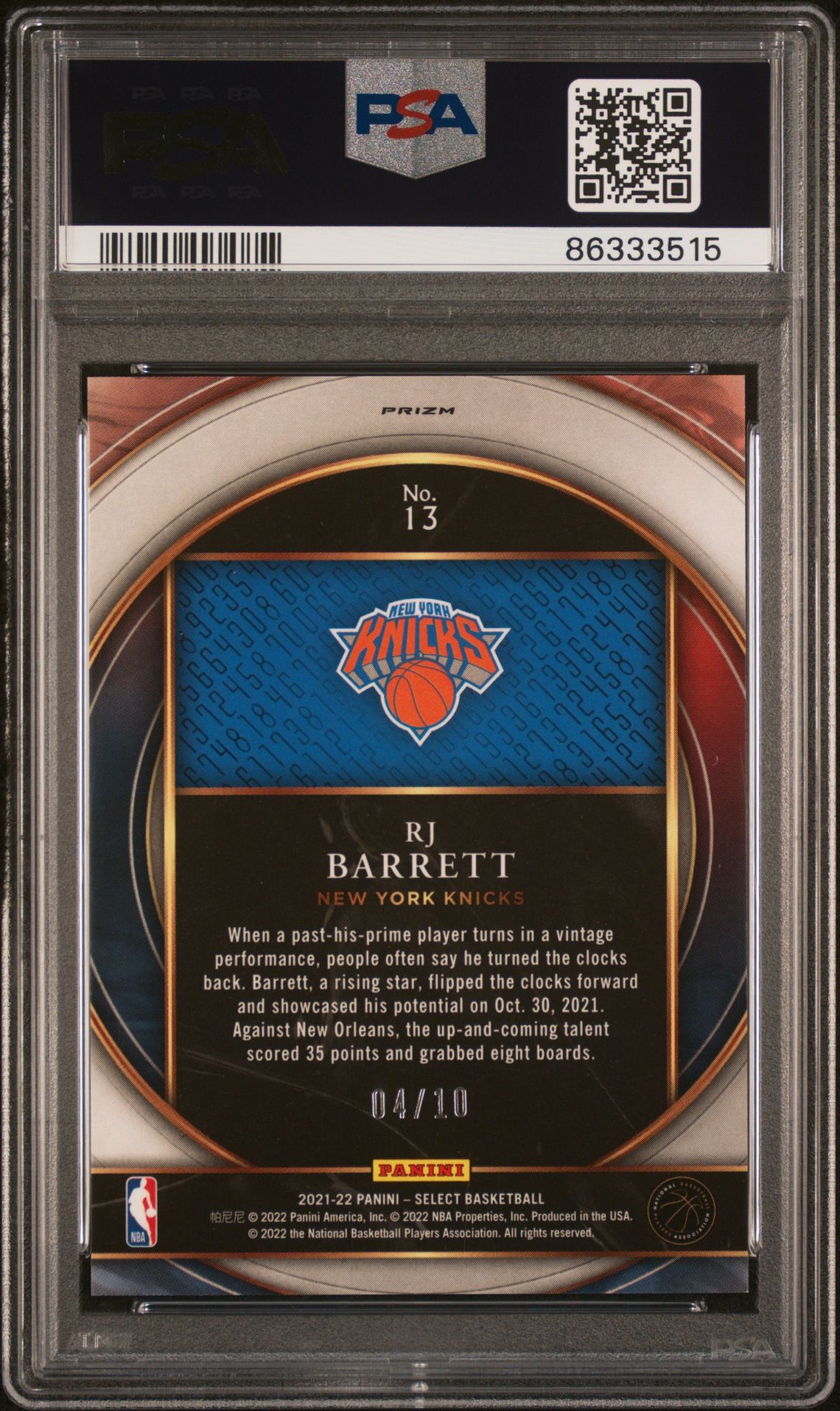 2021 Panini Select Select Numbers Rj Barrett #13 (Select Numbers-Gld.prizm) Mint 9 back