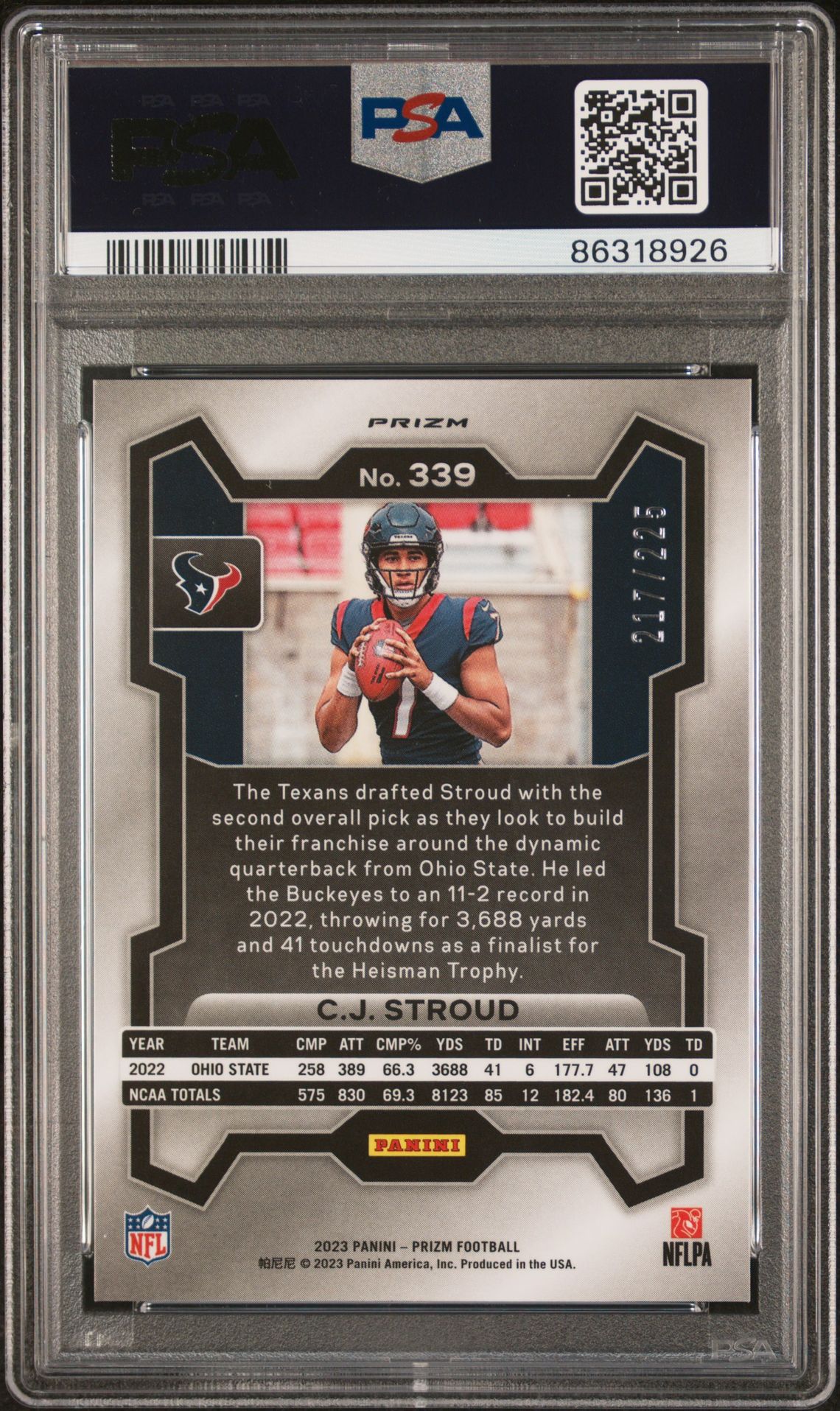 2023 Panini Prizm Cj Stroud #339 (Purple Ice) Gem Mt 10 back