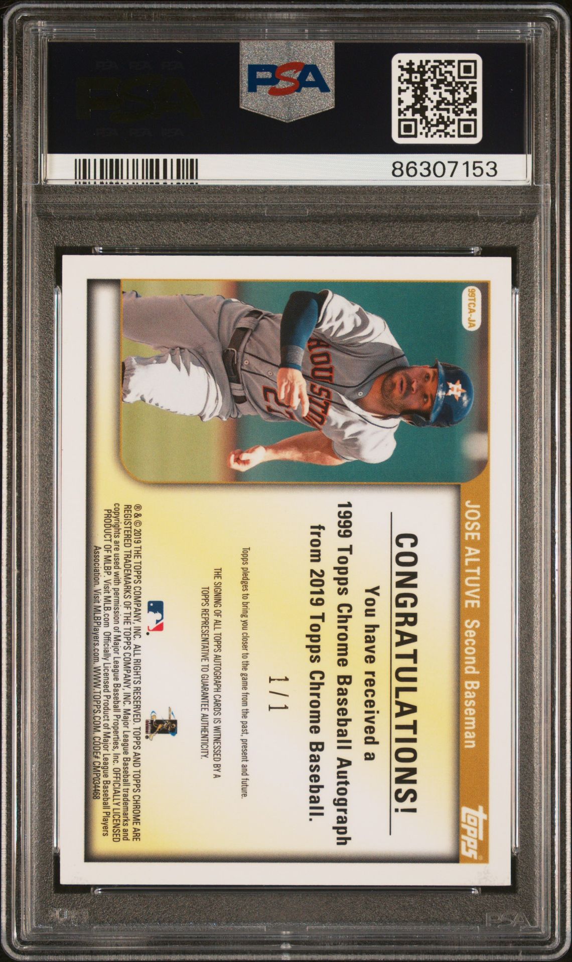 2019 Topps Chrome 1999 Topps Chrome Autographs Jose Altuve #Ja ('99 Tps.chr.au-Sprfrtr.1/1) Mint 9 back
