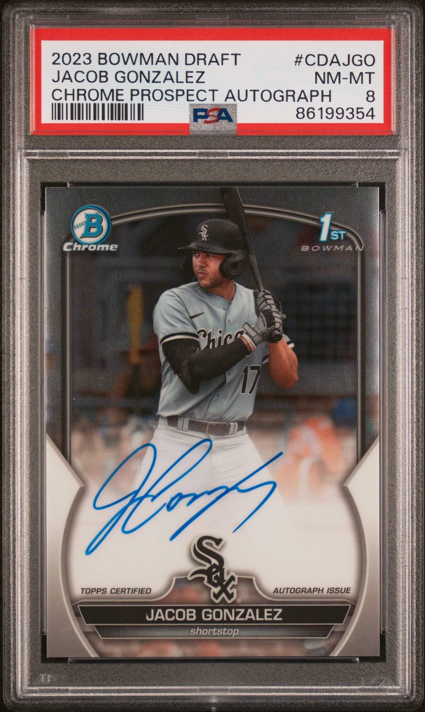 2023 Bowman Draft Chrome Prospect Autograph #CDA-JGO Jacob Gonzalez Signed Rookie Card – PSA NM-MT 8