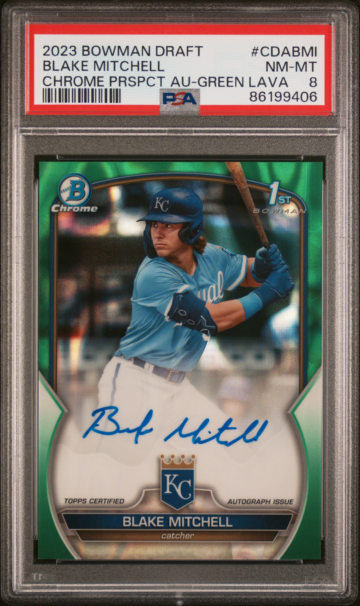 2023 Bowman Draft Chrome Prospect Autograph Green Lava #CDA-BMI Blake Mitchell Signed Rookie Card (#45/99) – PSA NM-MT 8