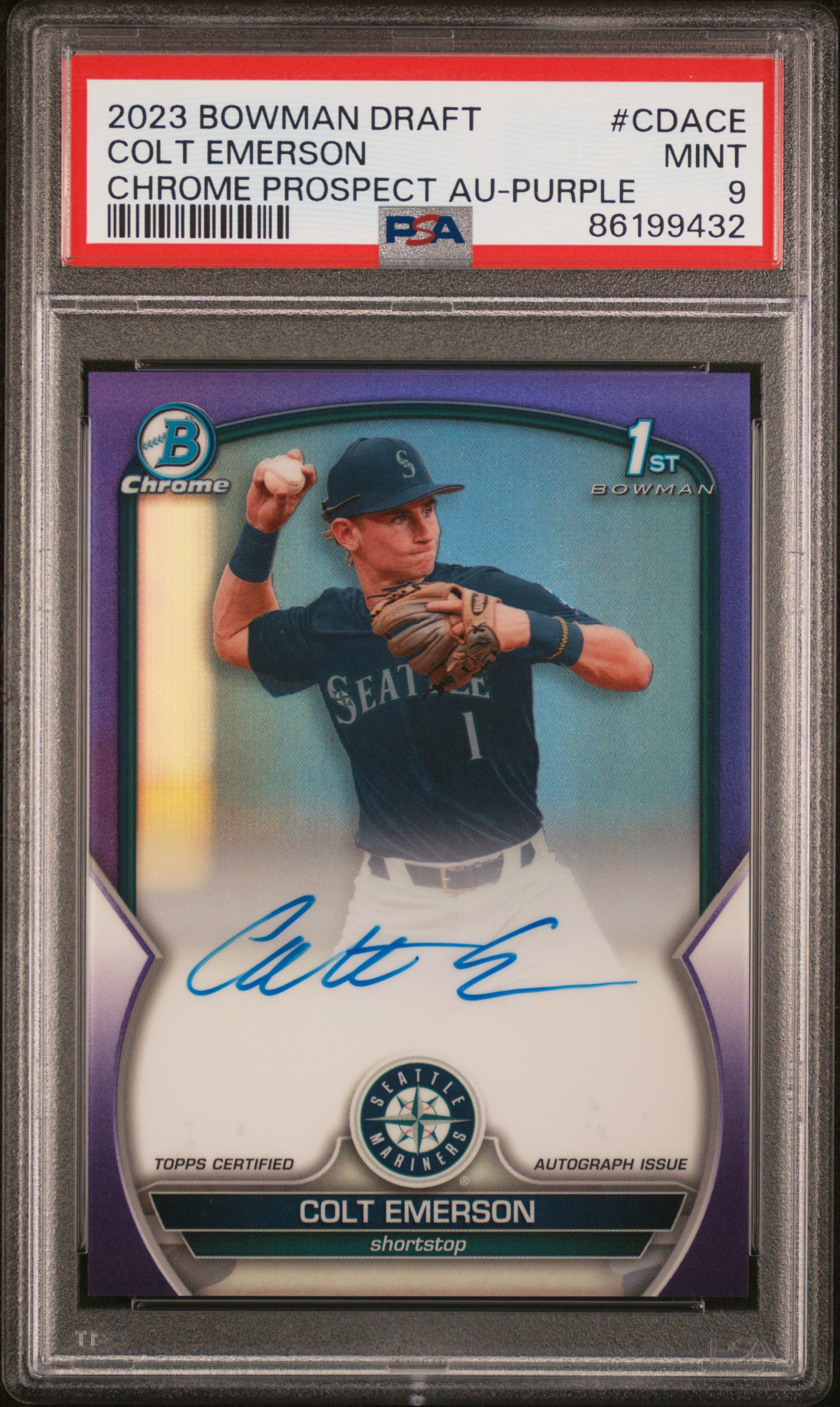 2023 Bowman Draft Chrome Prospect Autograph Purple #CDA-CE Colt Emerson Signed Rookie Card (#030/250) – PSA MINT 9