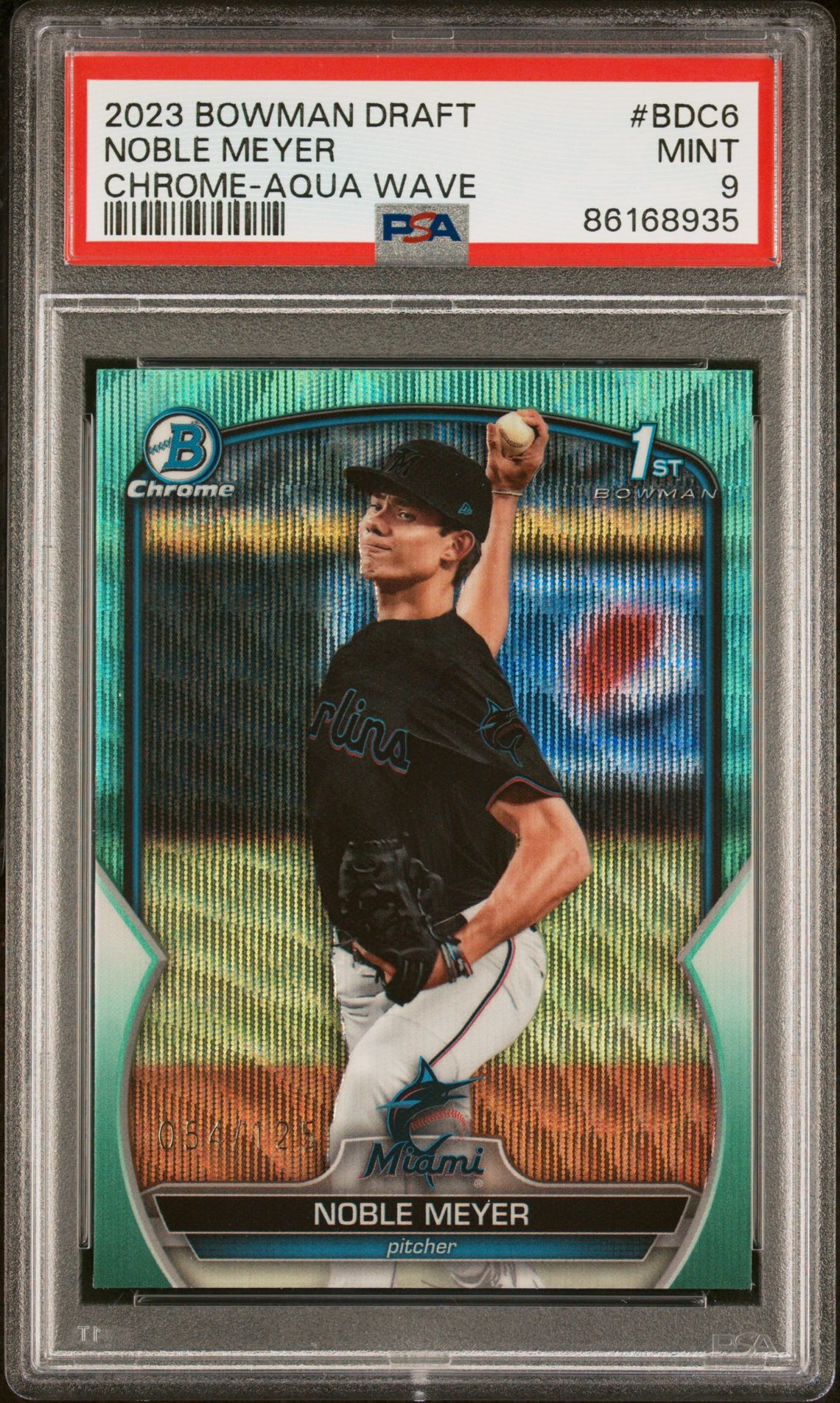 2023 Bowman Draft Noble Meyer #Bdc6 (Chrome-Aqua Wave) Mint 9 front