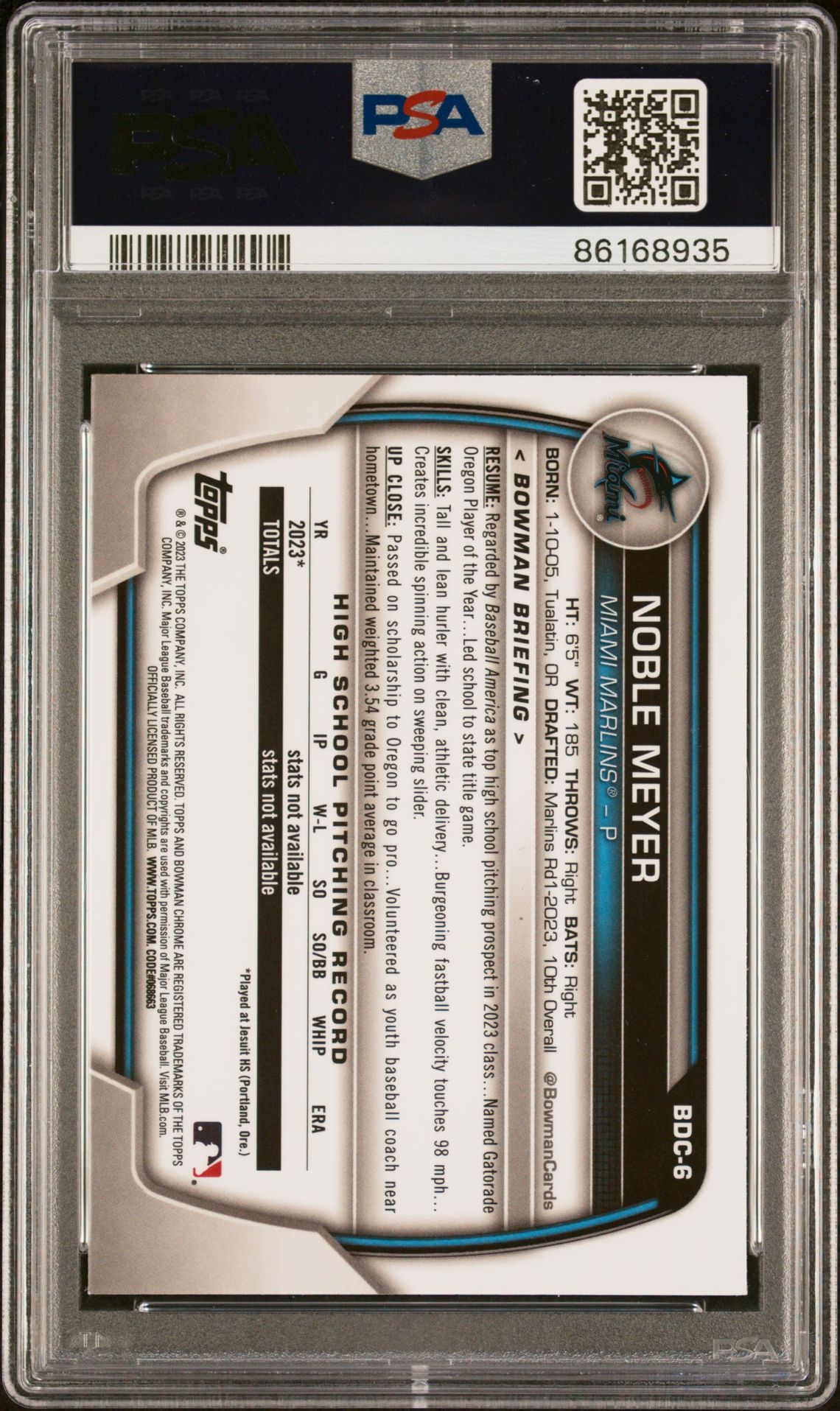 2023 Bowman Draft Noble Meyer #Bdc6 (Chrome-Aqua Wave) Mint 9 back