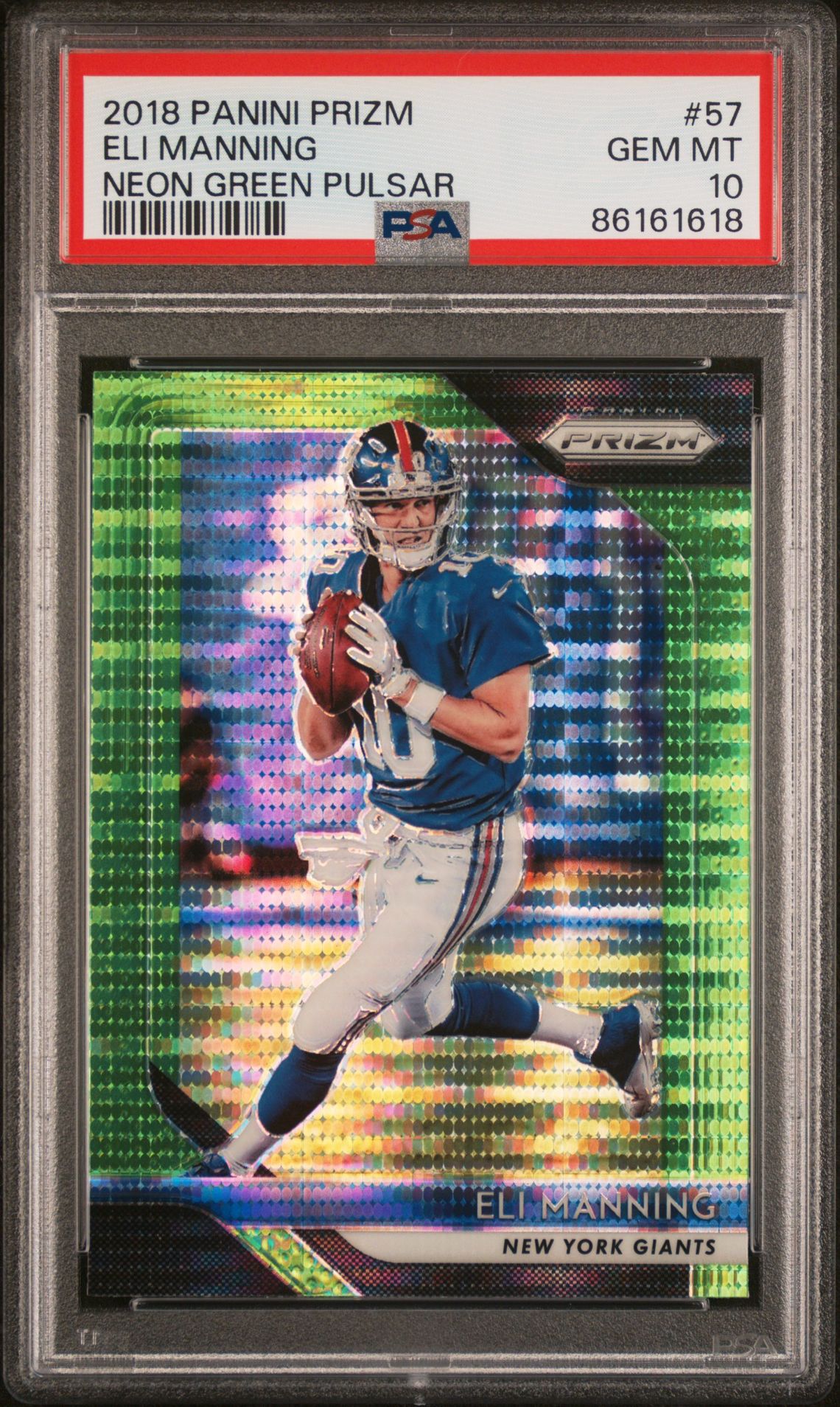 2018 Panini Prizm Eli Manning #57 (Neon Green Pulsar) Gem Mt 10 front