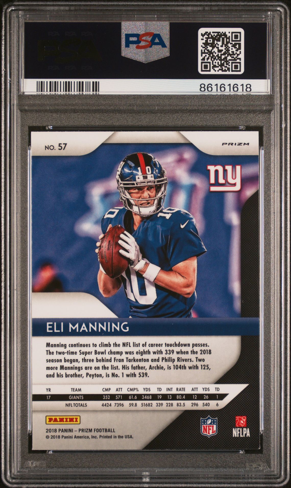 2018 Panini Prizm Eli Manning #57 (Neon Green Pulsar) Gem Mt 10 back