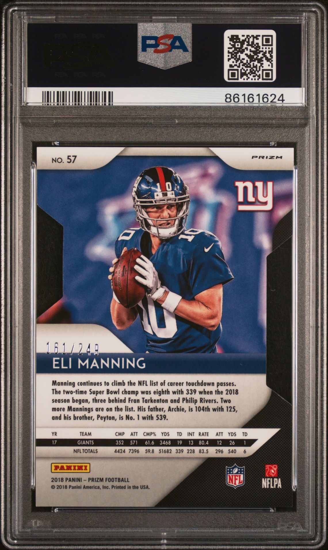 2018 Panini Prizm Eli Manning #57 (Orange Prizm Die-Cut) Gem Mt 10 back