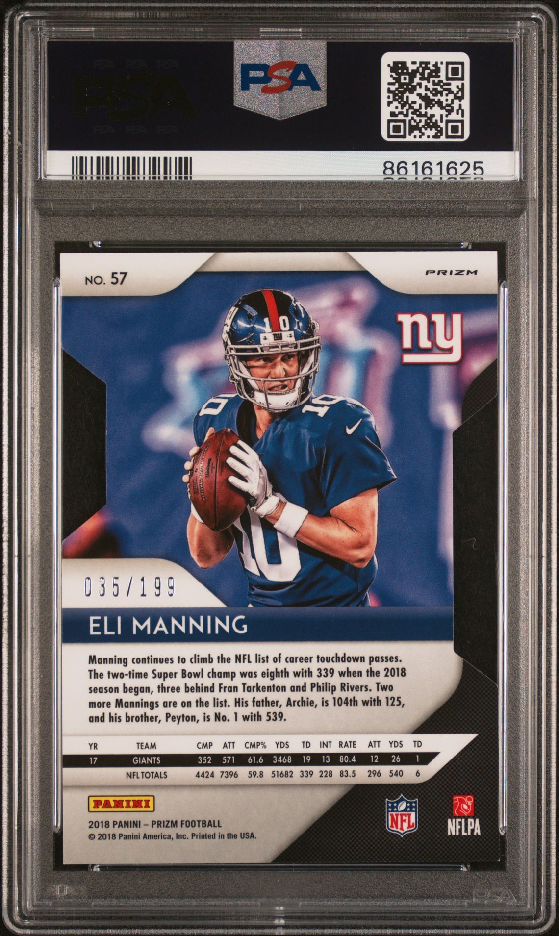 2018 Panini Prizm Eli Manning #57 (Light Blue Prizm Die-Cut) Mint 9 back