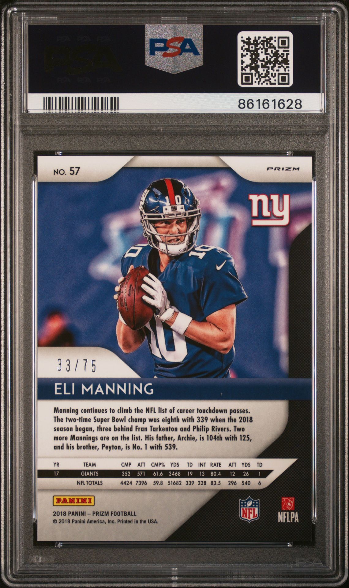 2018 Panini Prizm Eli Manning #57 (Green Crystals Prizm) Mint 9 back