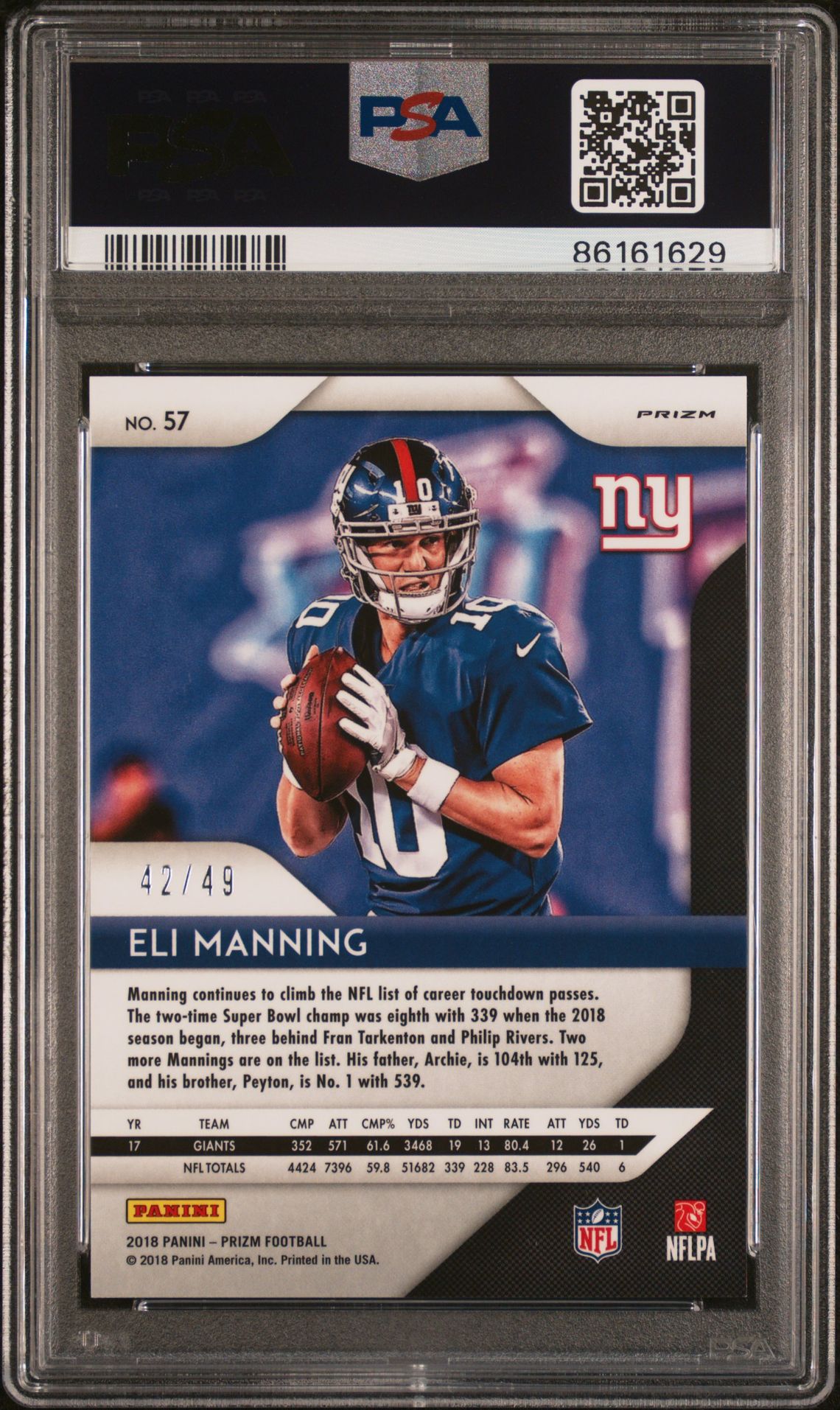 2018 Panini Prizm Eli Manning #57 (Purple Power Prizm) Mint 9 back