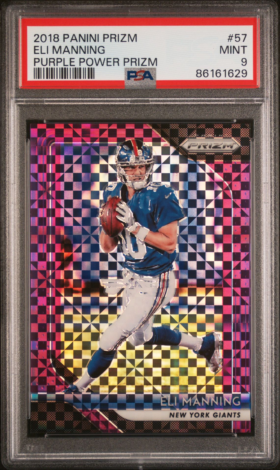 2018 Panini Prizm Eli Manning #57 (Purple Power Prizm) Mint 9 front