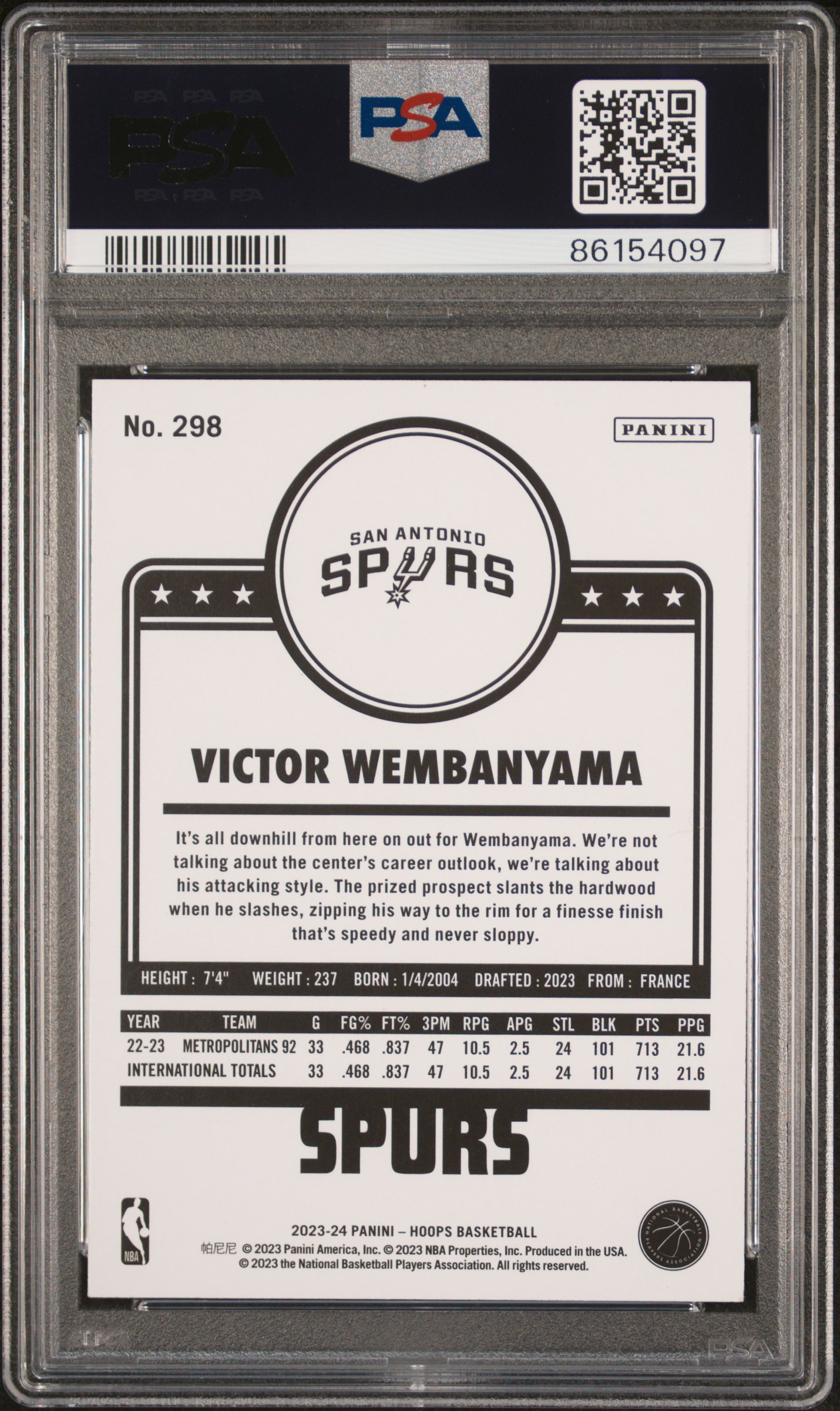 2023 Panini Nba Hoops Victor Wembanyama #298 (Winter) Gem Mt 10 back