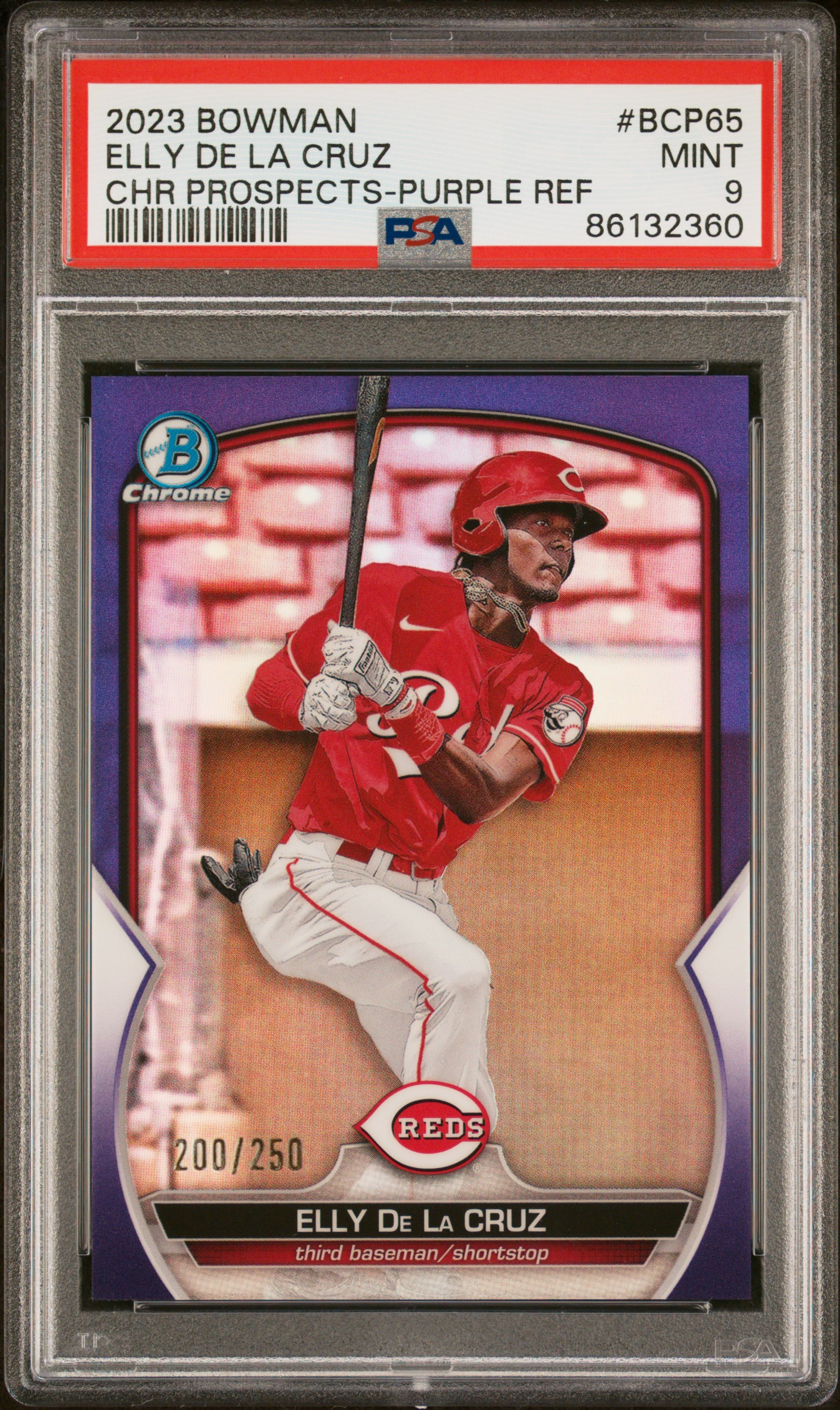 2023 Bowman Chrome Prospects Purple Refractor #BCP65 Elly De La Cruz Rookie Card (#200/250) – PSA MINT 9