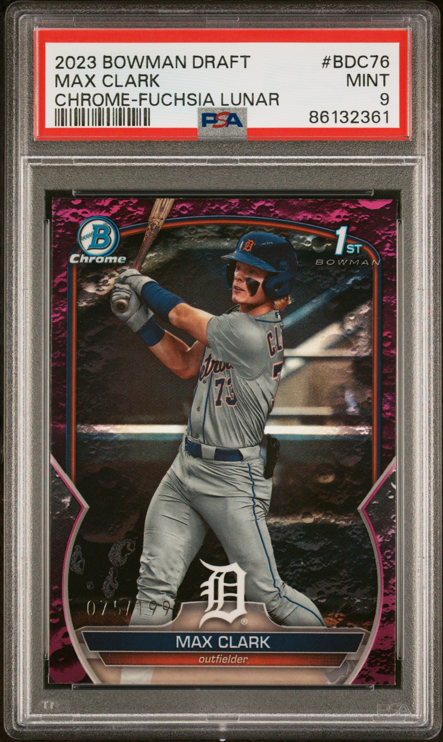 2023 Bowman Draft Chrome-Fuchsia Lunar #BDC76 Max Clark Rookie Card (#075/199) – PSA MINT 9