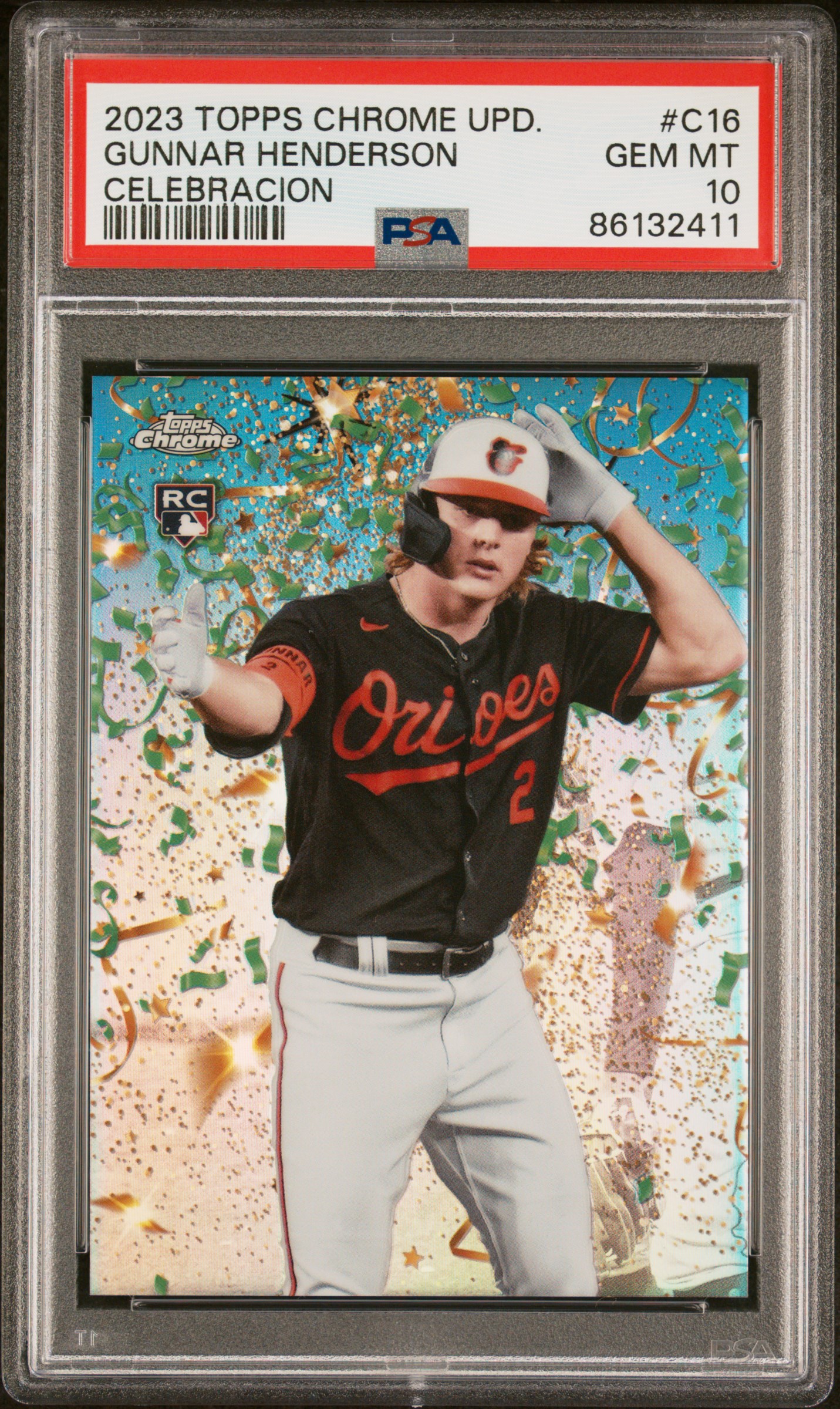 2023 Topps Chrome Update Celebracion #C16 Gunnar Henderson Rookie Card (#92/99) – PSA GEM MT 10