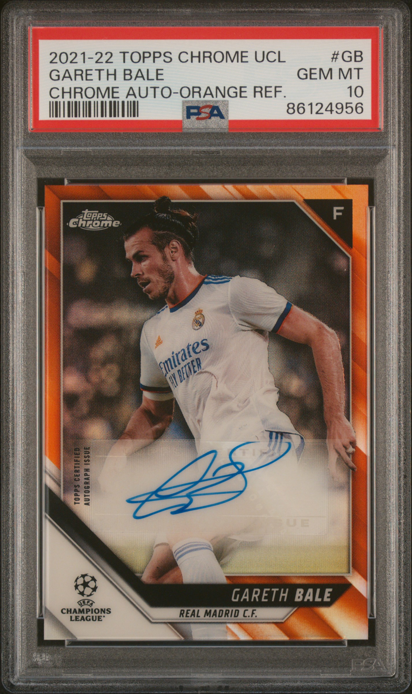 2021-22 Topps Chrome UEFA Champions League Chrome Autographs Orange Refractor #GB Gareth Bale Signed Card (#20/25) – PSA GEM MT 10