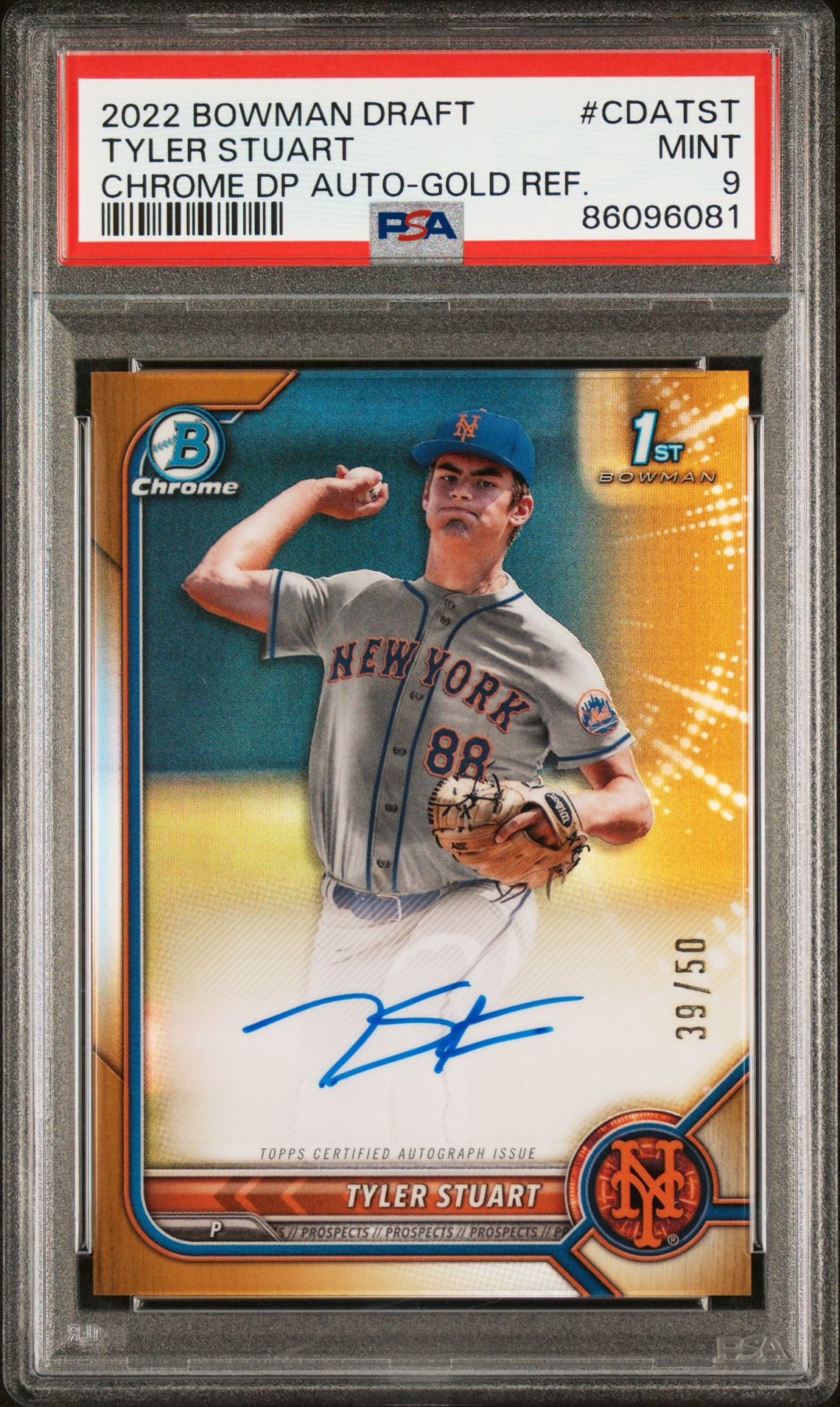 2022 Bowman BOWMAN DRAFT CHROME DRAFT PICK AUTOGRAPHS Gold Refractor #CDATST Tyler Stuart front