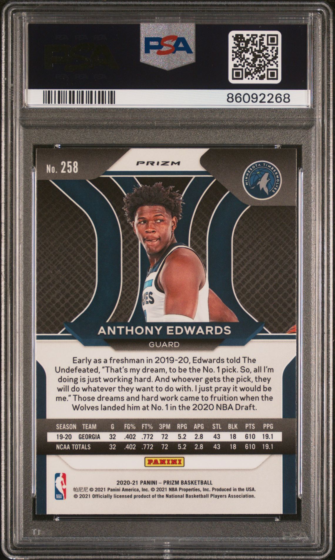 2020 Panini Prizm Anthony Edwards #258 (Red/White/Blue Prizm) Gem Mt 10 back view - PSA certificate #86092268