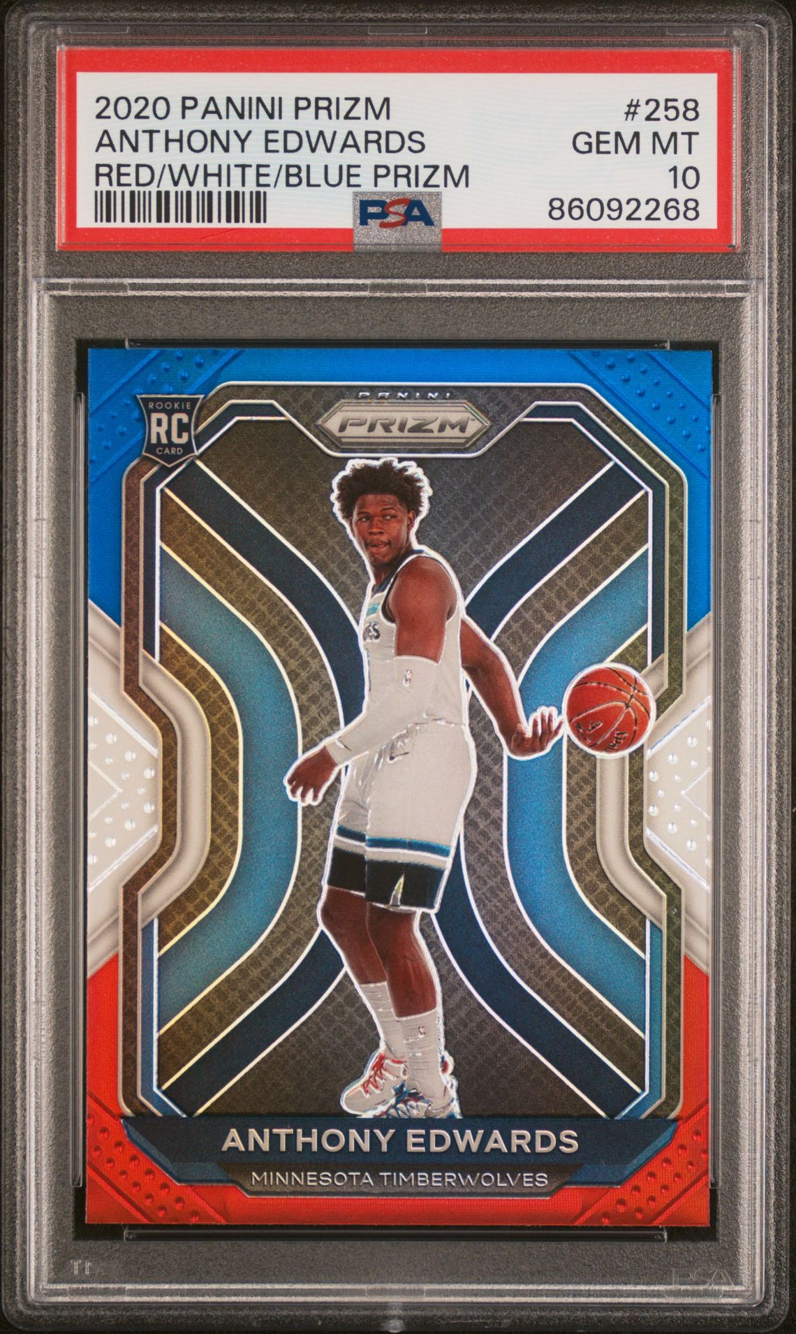 2020 Panini Prizm Anthony Edwards #258 (Red/White/Blue Prizm) Gem Mt 10 front view - PSA graded GEM MT 10