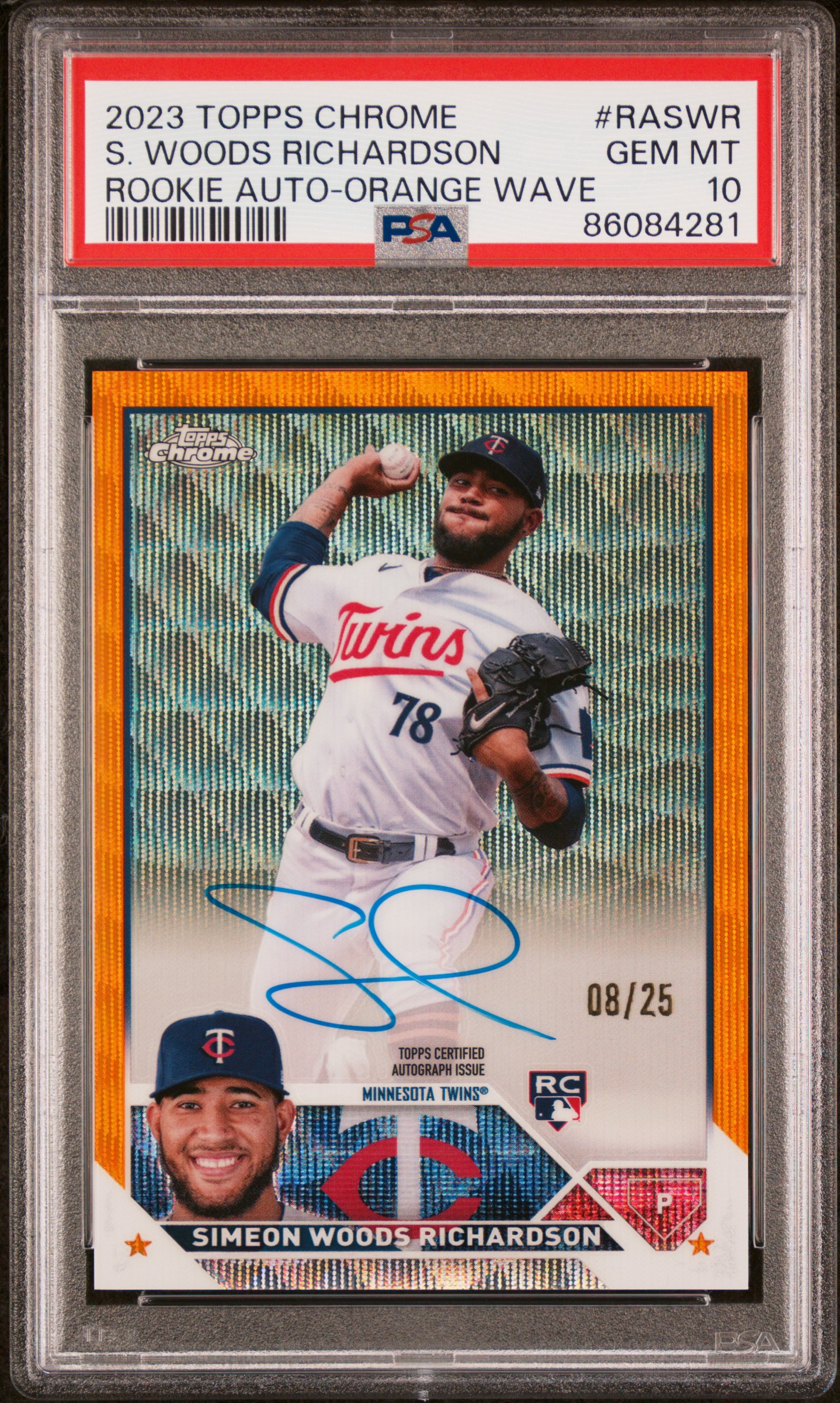 2023 Topps Chrome Rookie Autograph Orange Wave #RASWR Simeon Woods Richardson Signed Rookie Card (#08/25) – PSA GEM MT 10